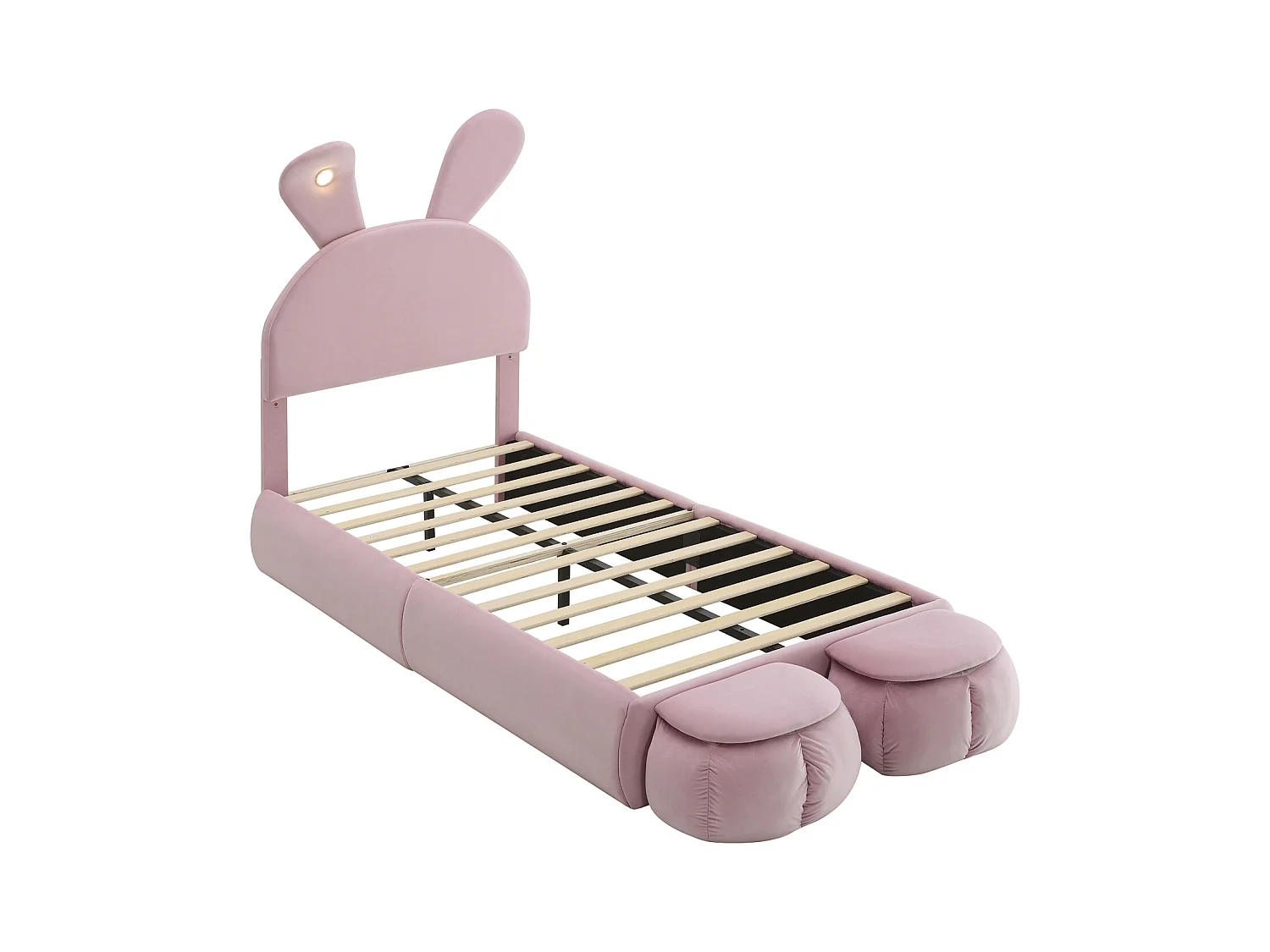 Lit simple rembourré, oreilles de lapin (lumière variable, bandes chaudes), 2 tabourets, lattes de bois, velours, rose, 90x200cm