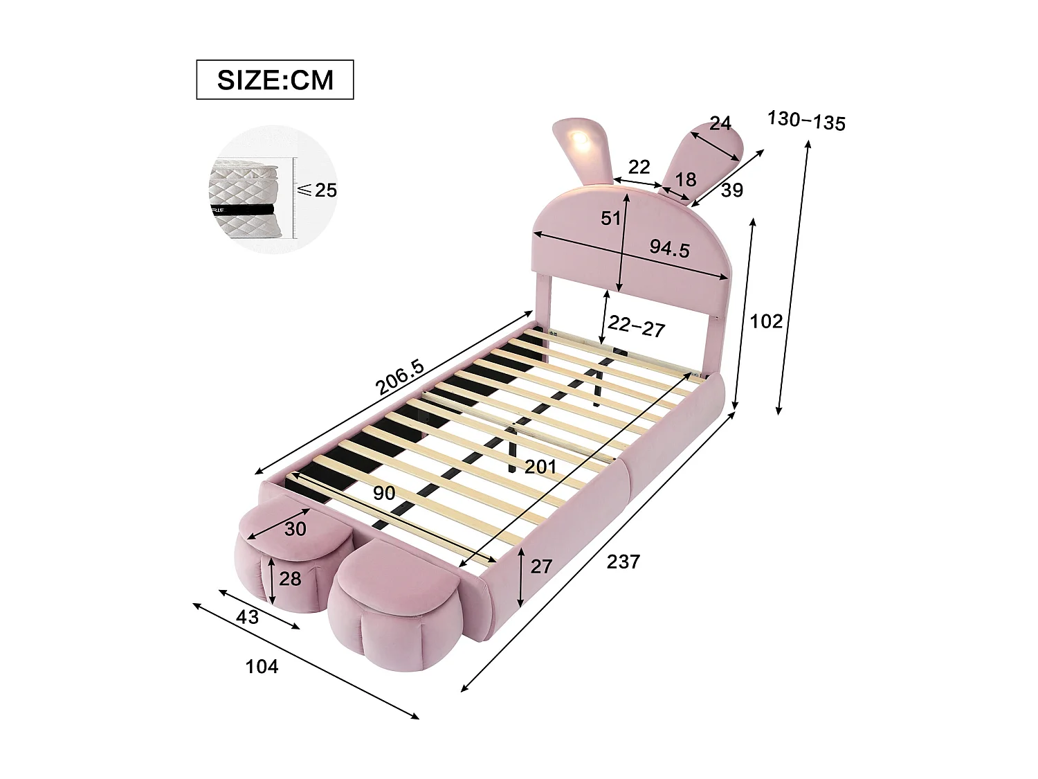 Gepolstertes Einzelbett, Hasenohren (dimmbares Licht, warme Streifen), 2 Hocker, Holzlatten, Samt, rosa, 90x200cm
