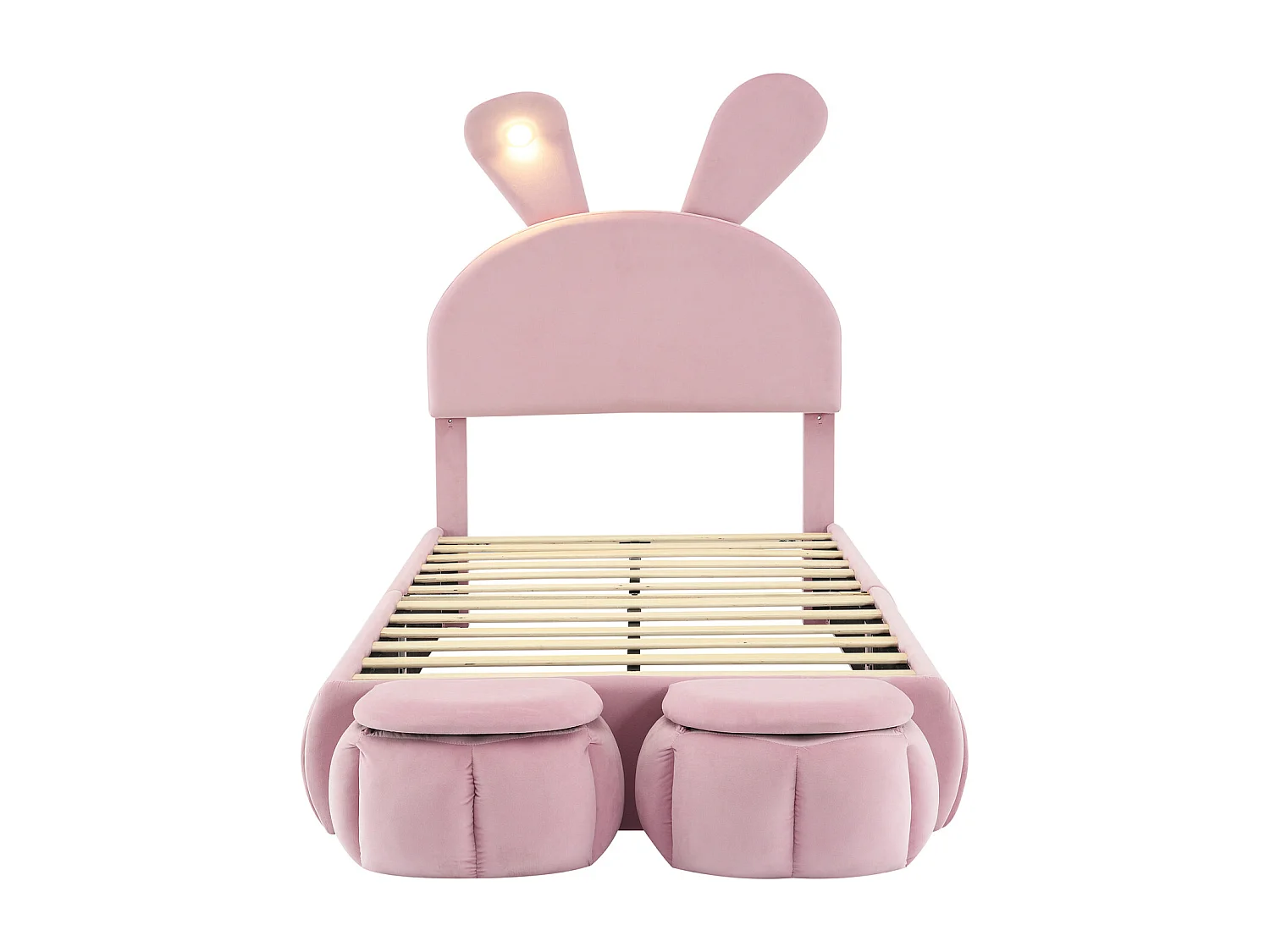 Gepolstertes Einzelbett, Hasenohren (dimmbares Licht, warme Streifen), 2 Hocker, Holzlatten, Samt, rosa, 90x200cm