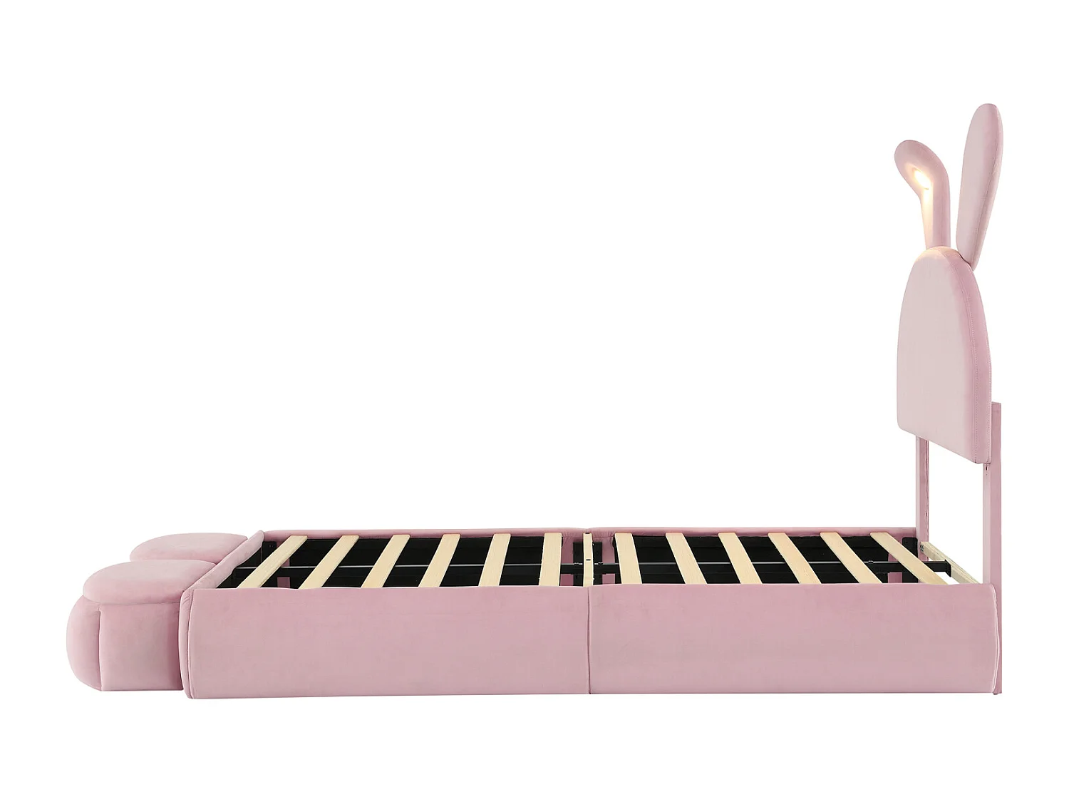 Gepolstertes Einzelbett, Hasenohren (dimmbares Licht, warme Streifen), 2 Hocker, Holzlatten, Samt, rosa, 90x200cm