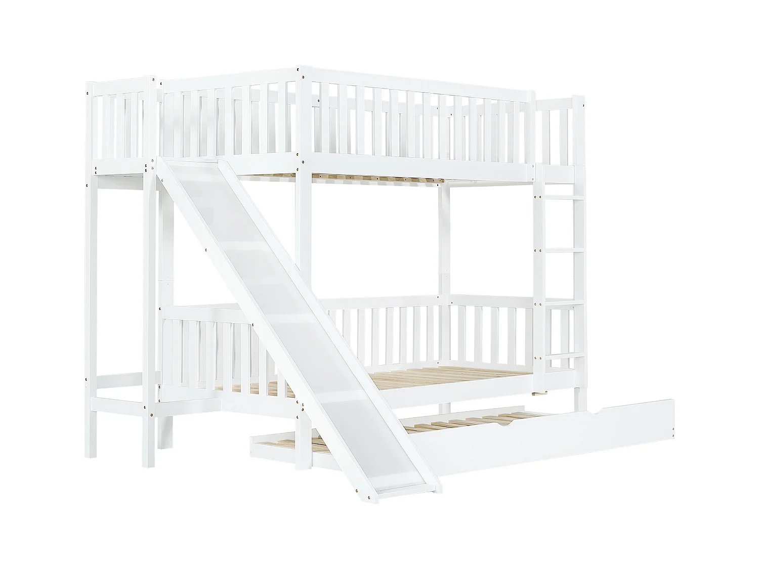 Lit superposé enfant, lit gigogne, barrière de sécurité, toboggan, étagères, échelle 4 marches, pin + MDF, blanc, 90 x 200 / 190 cm