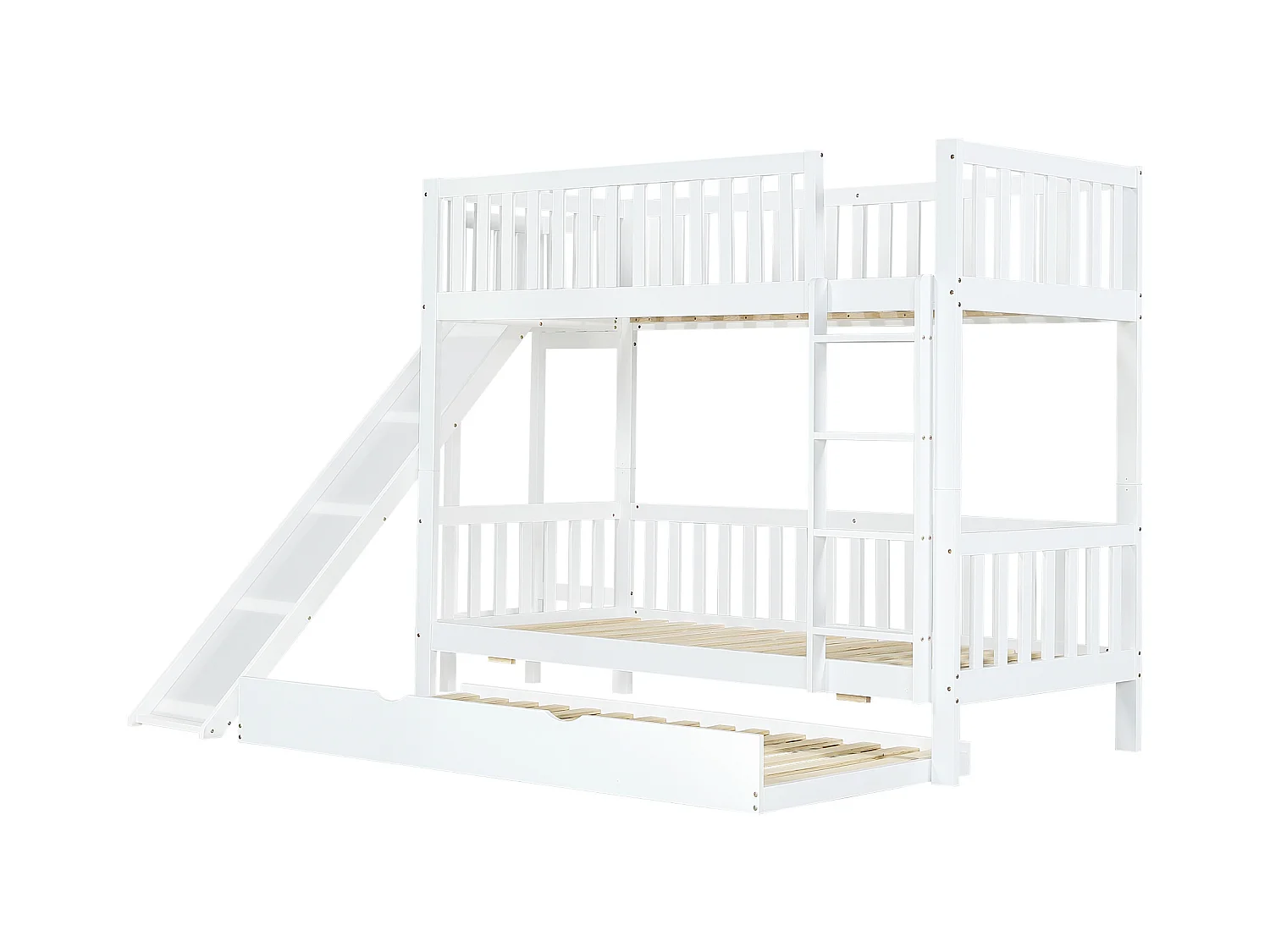 Lit superposé enfant, lit gigogne, barrière de sécurité, toboggan, étagères, échelle 4 marches, pin + MDF, blanc, 90 x 200 / 190 cm