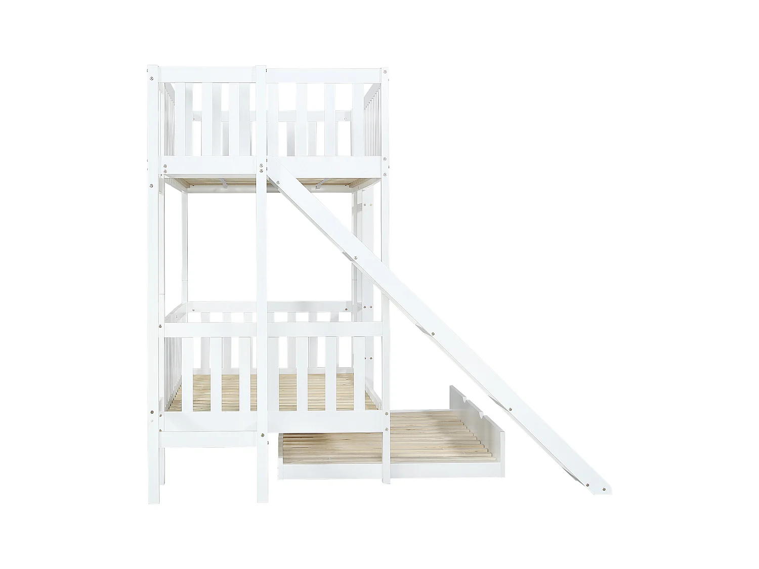 Lit superposé enfant, lit gigogne, barrière de sécurité, toboggan, étagères, échelle 4 marches, pin + MDF, blanc, 90 x 200 / 190 cm