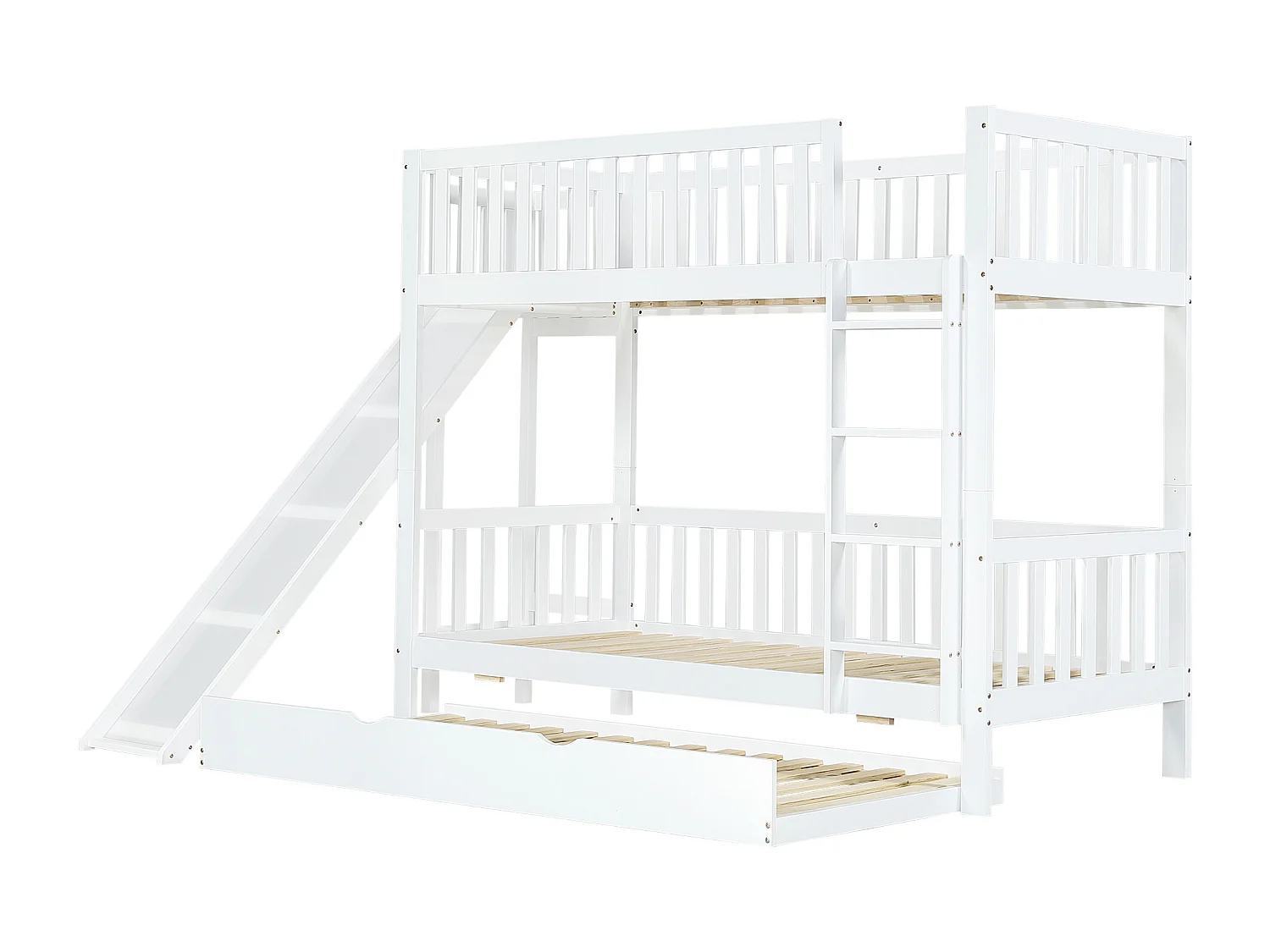 Lit superposé enfant, lit gigogne, barrière de sécurité, toboggan, étagères, échelle 4 marches, pin + MDF, blanc, 90 x 200 / 190 cm