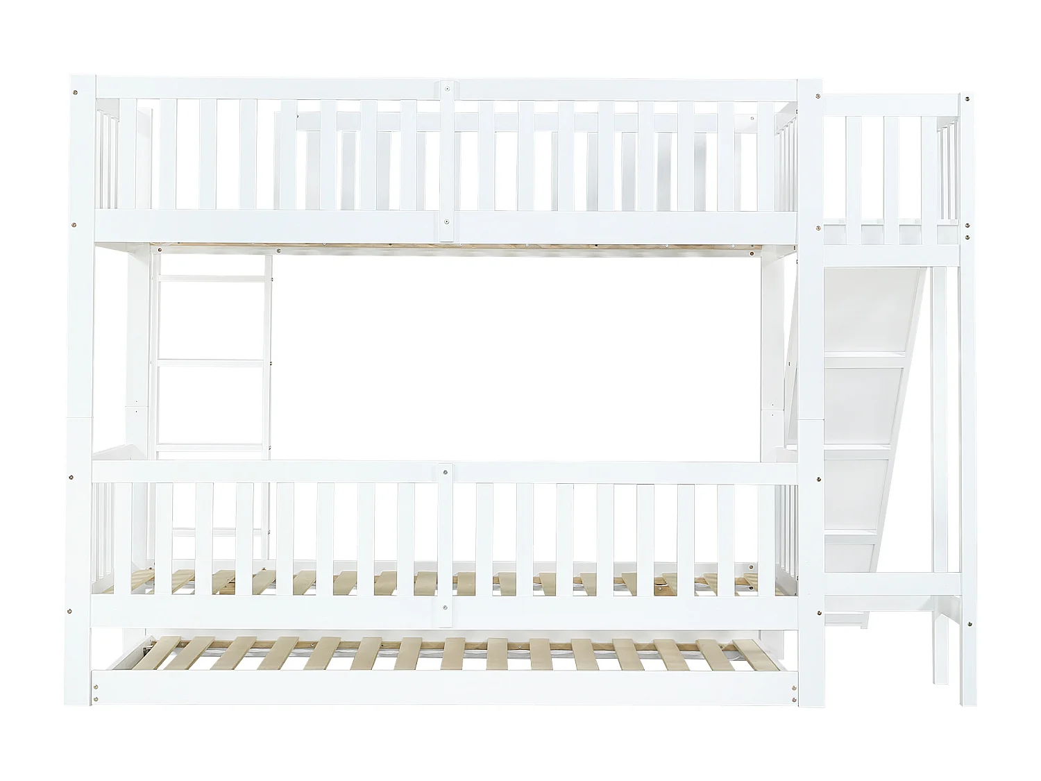 Lit superposé enfant, lit gigogne, barrière de sécurité, toboggan, étagères, échelle 4 marches, pin + MDF, blanc, 90 x 200 / 190 cm