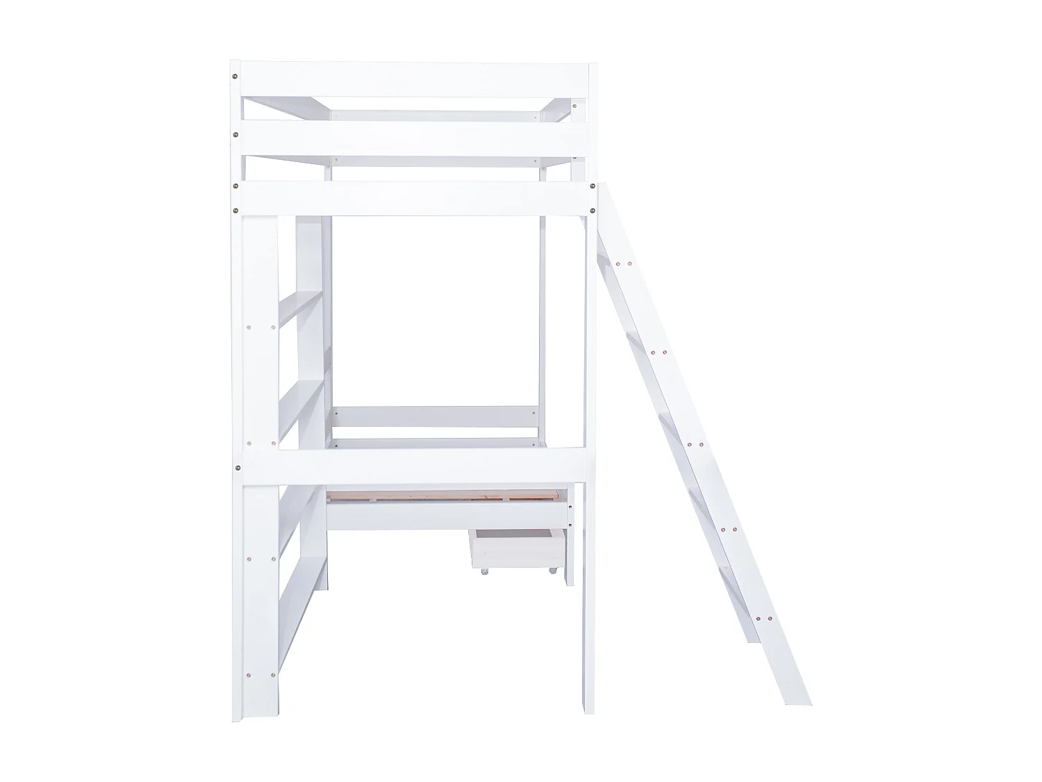 Lit superposé, étagères + canapé, bois, 1 tiroir, enfant, échelle inclinée 5 marches, bois massif, blanc, 90x200cm