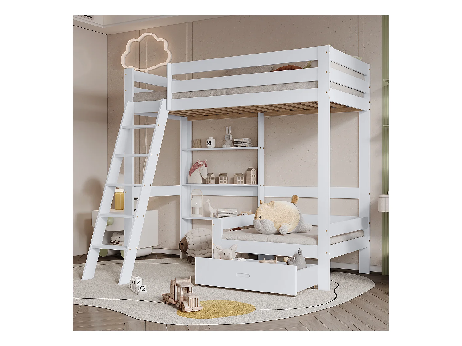 Letto a castello, ripiani+divano, legno, 1 cassetto, per bambini, scala inclinata a 5 gradini, legno massello, bianco, 90x200cm