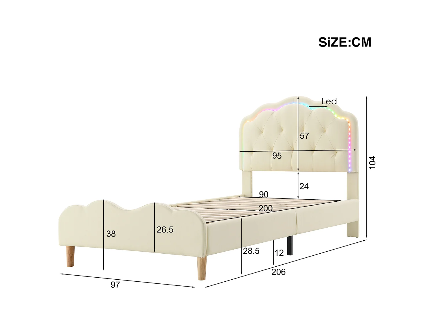 Cama estofada solteiro, onda cabeceira, LED multicolor, PU, branco, 90x200cm