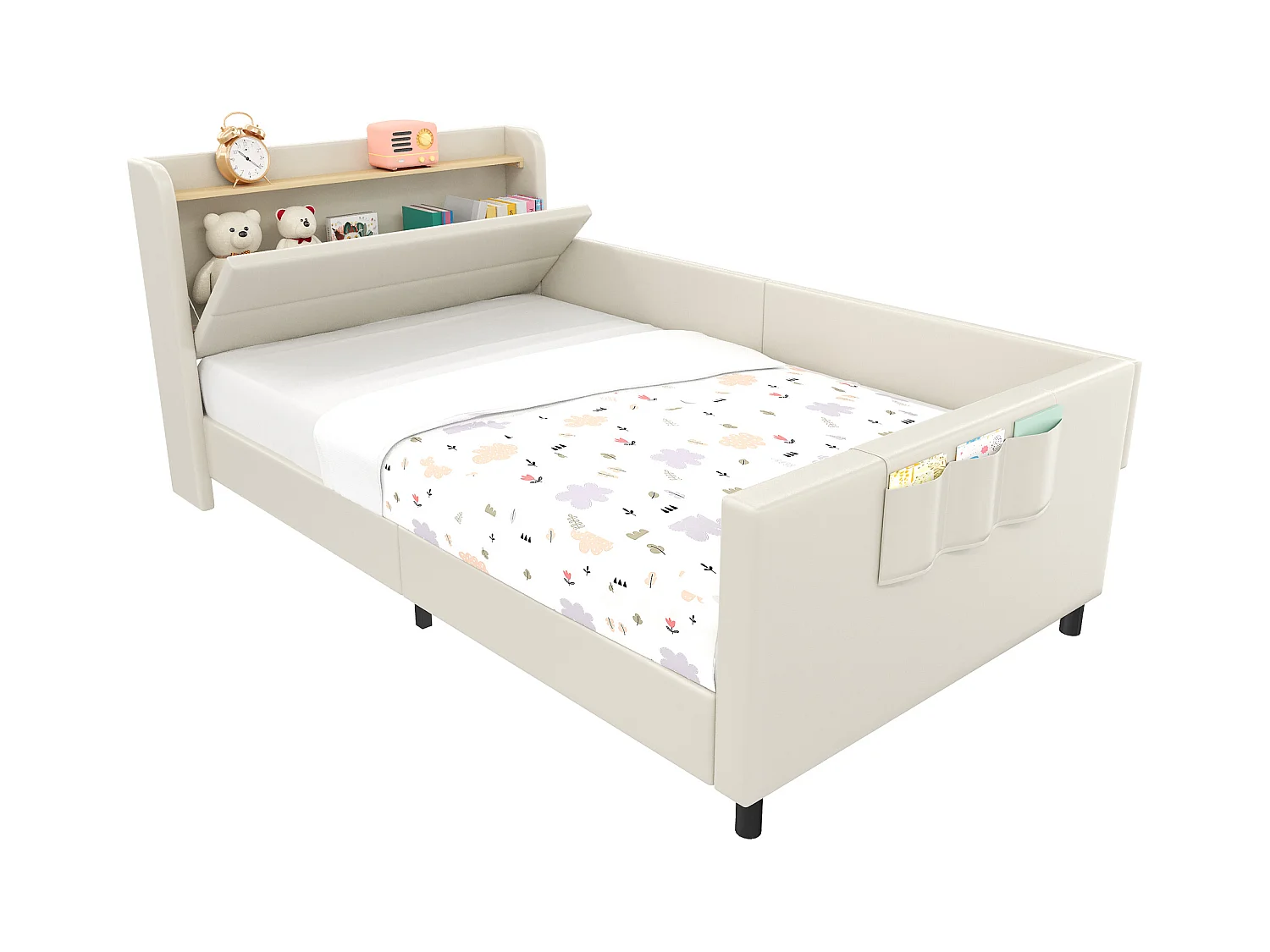 Lit rembourré pour enfant, canapé-lit, lit de repos (métal), table de chevet, 3 poches, PU+MDF+contreplaqué, blanc, 90x200cm