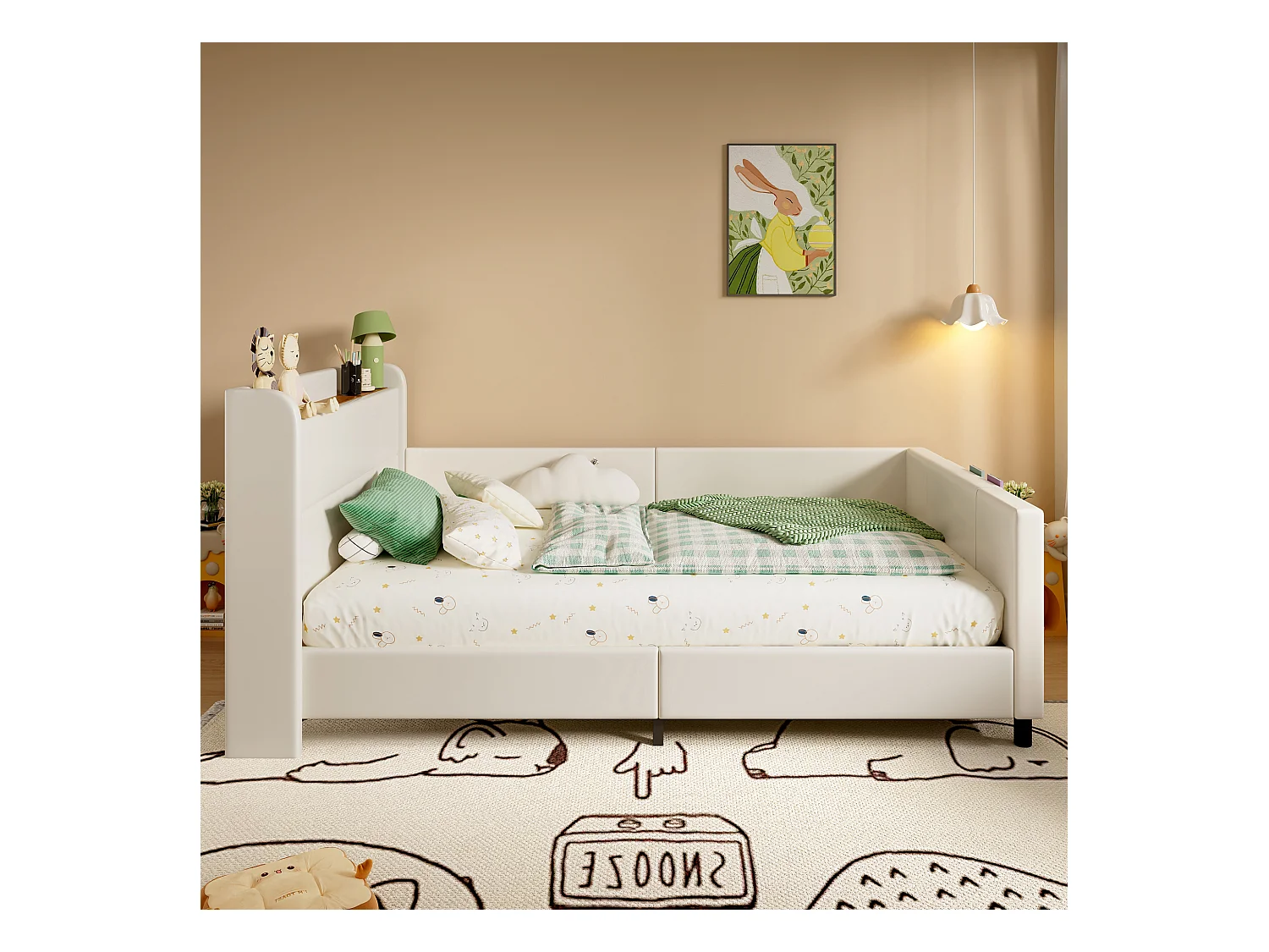 Lit rembourré pour enfant, canapé-lit, lit de repos (métal), table de chevet, 3 poches, PU+MDF+contreplaqué, blanc, 90x200cm