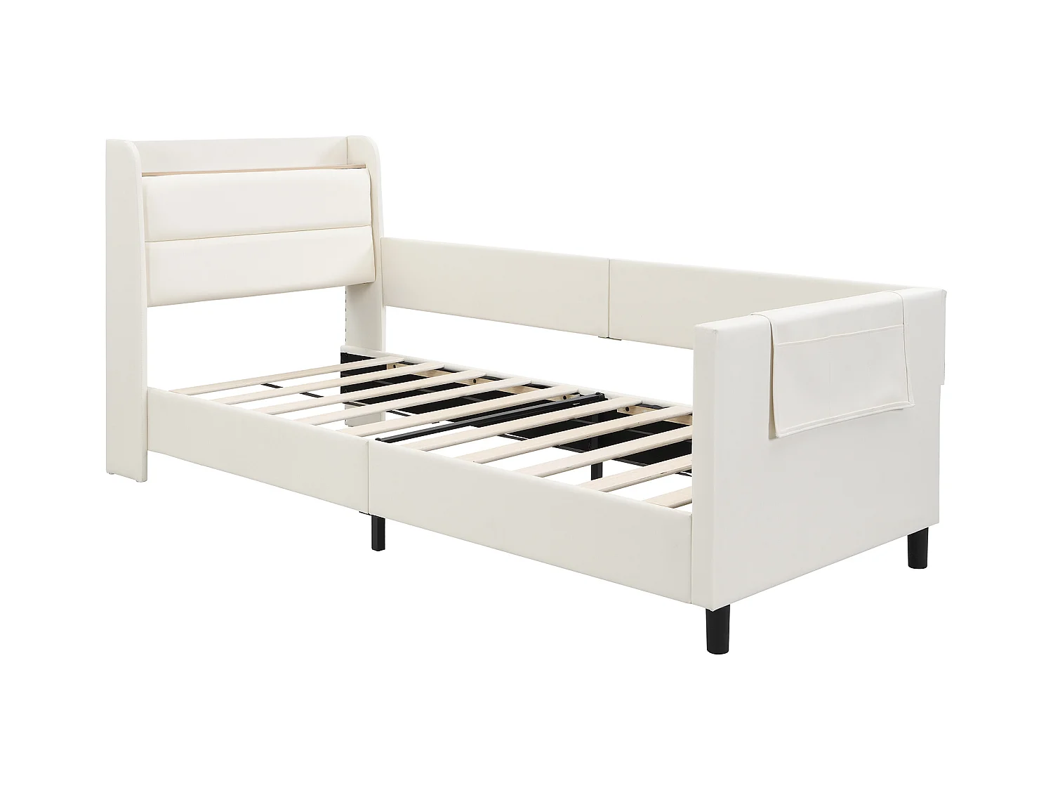 Lit rembourré pour enfant, canapé-lit, lit de repos (métal), table de chevet, 3 poches, PU+MDF+contreplaqué, blanc, 90x200cm