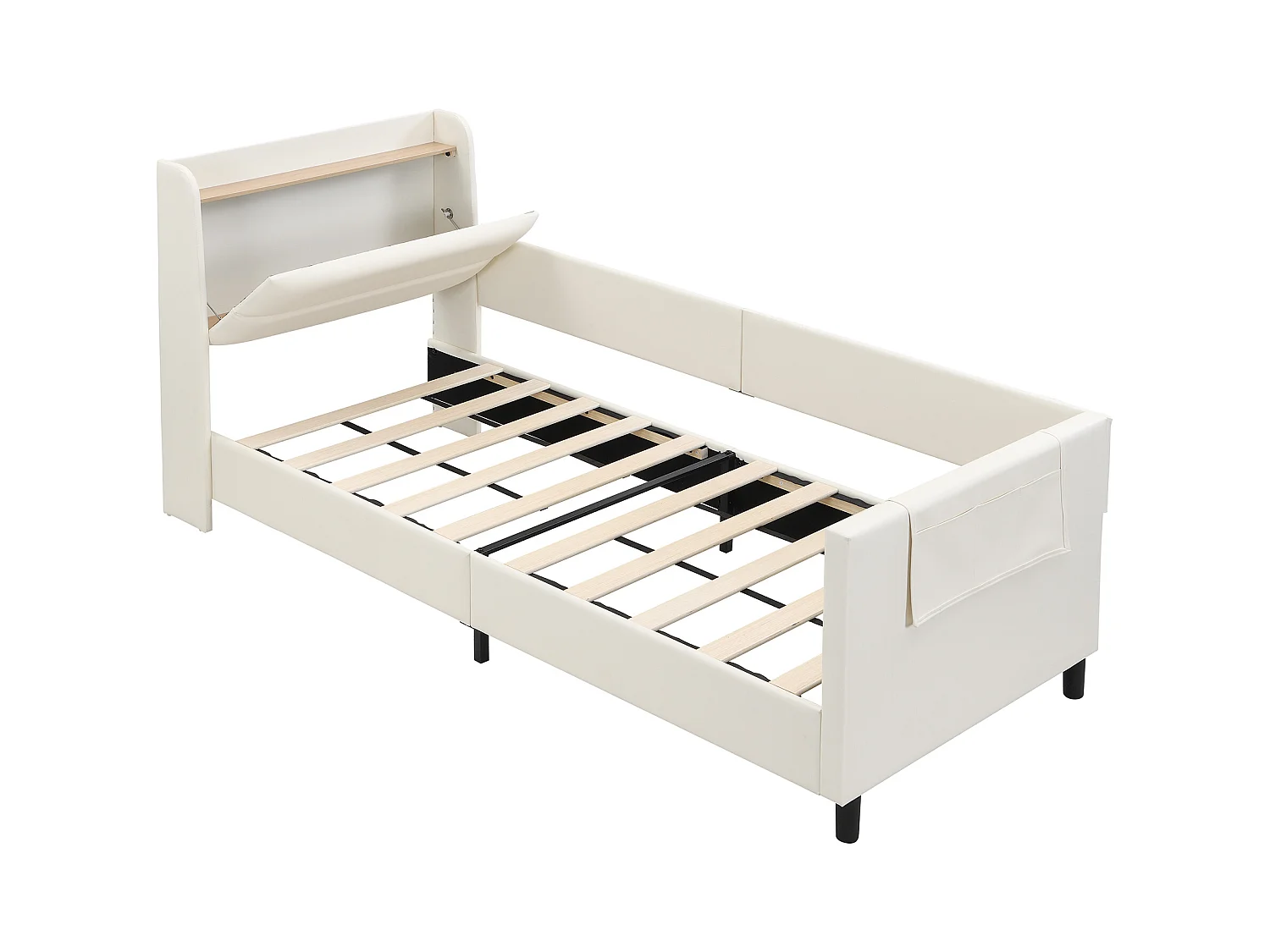 Lit rembourré pour enfant, canapé-lit, lit de repos (métal), table de chevet, 3 poches, PU+MDF+contreplaqué, blanc, 90x200cm