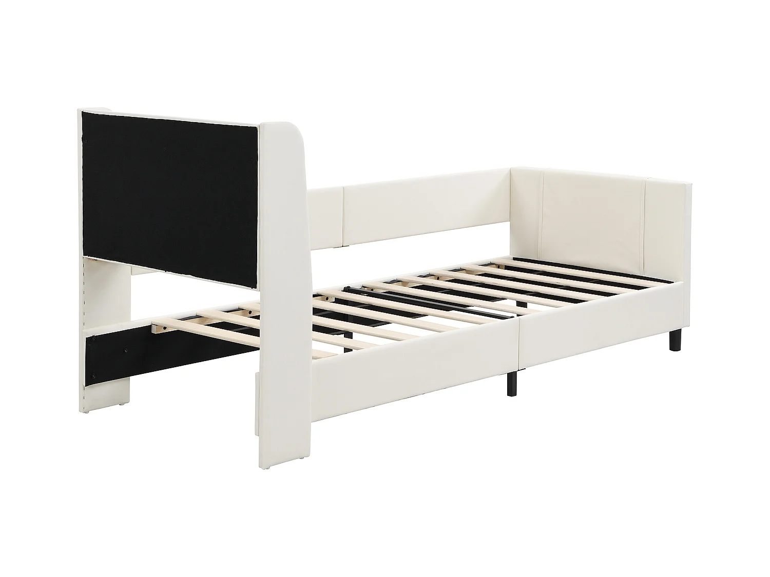Lit rembourré pour enfant, canapé-lit, lit de repos (métal), table de chevet, 3 poches, PU+MDF+contreplaqué, blanc, 90x200cm