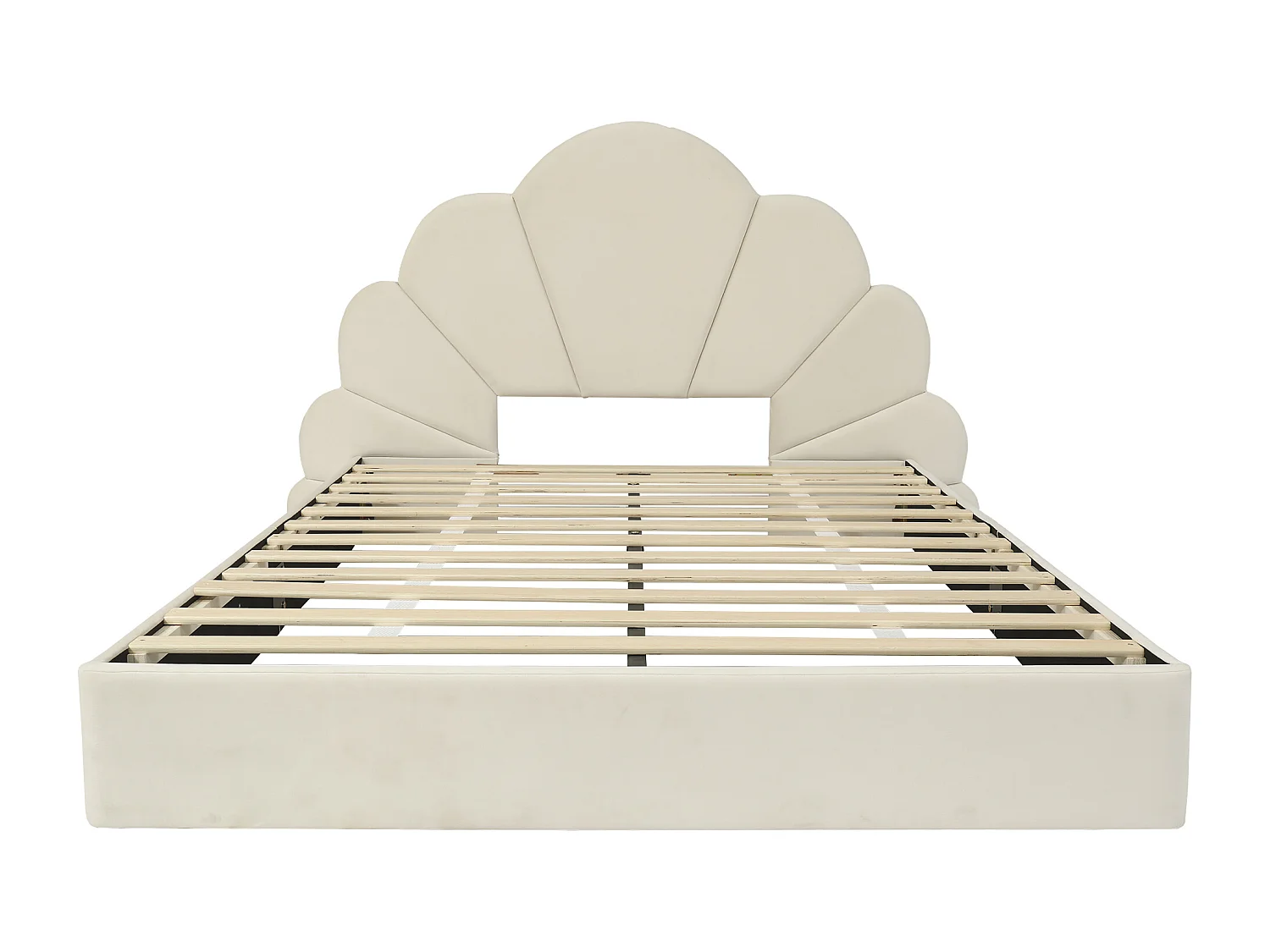 Gestoffeerd tweepersoonsbed, gebogen bloemblaadjes hoofdeinde, eenvoudig, elegant en comfortabel, modern bedframe, fluweel, beige, 140x200cm