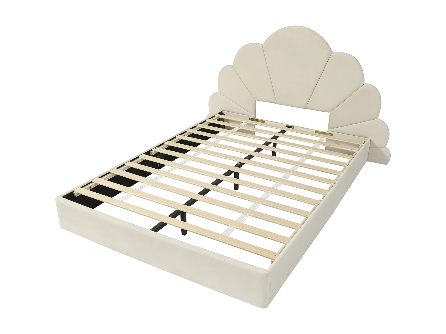 Gestoffeerd tweepersoonsbed, gebogen bloemblaadjes hoofdeinde, eenvoudig, elegant en comfortabel, modern bedframe, fluweel, beige, 140x200cm