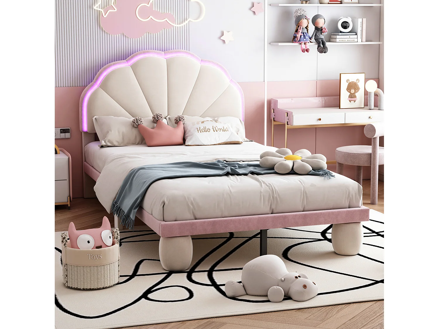 Polsterbett, Multicolor-LED, gewelltes Kopfteil, gepolsterte Beine, Samt, beige+pink, 90x200cm