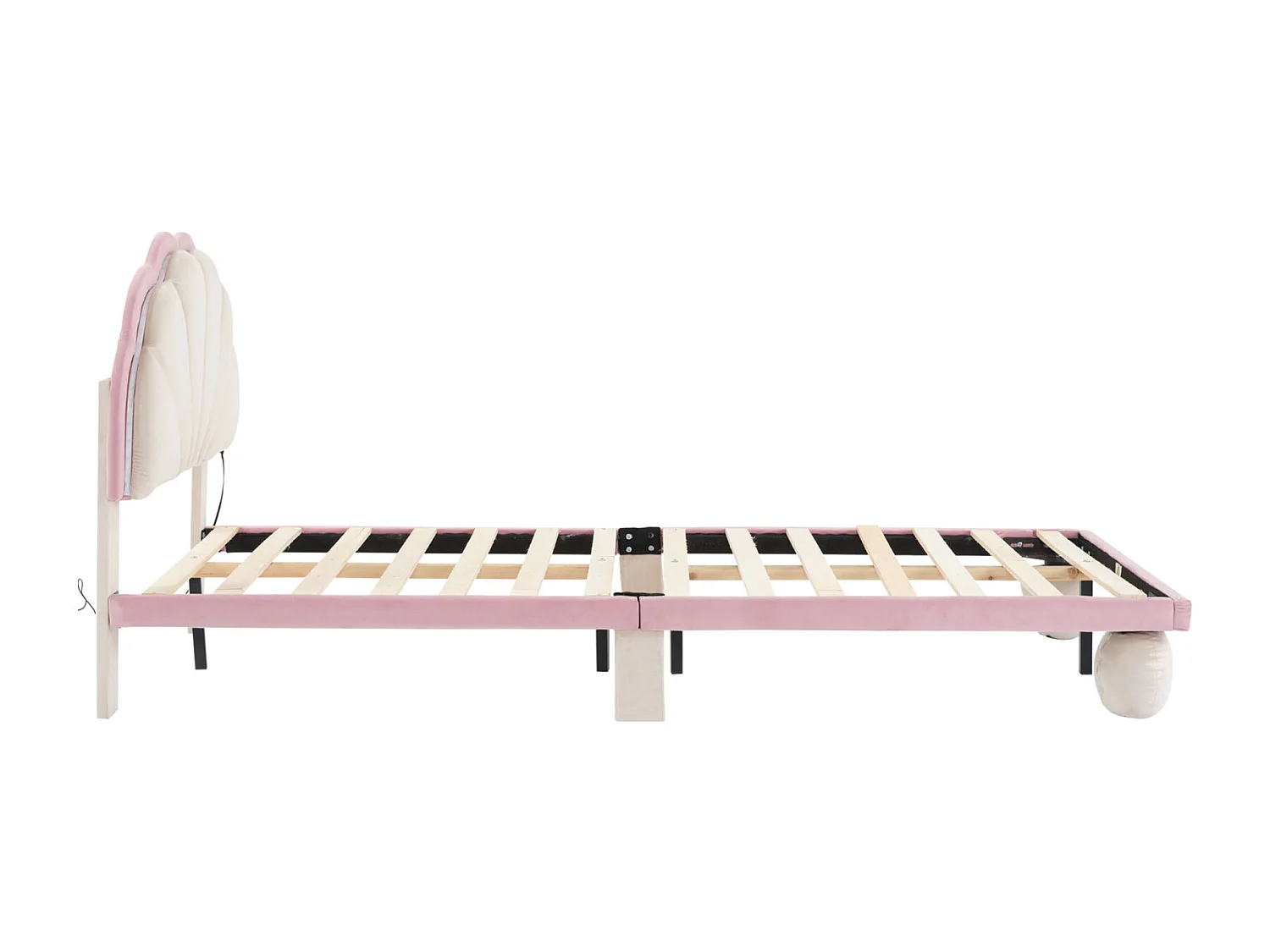 Polsterbett, Multicolor-LED, gewelltes Kopfteil, gepolsterte Beine, Samt, beige+pink, 90x200cm