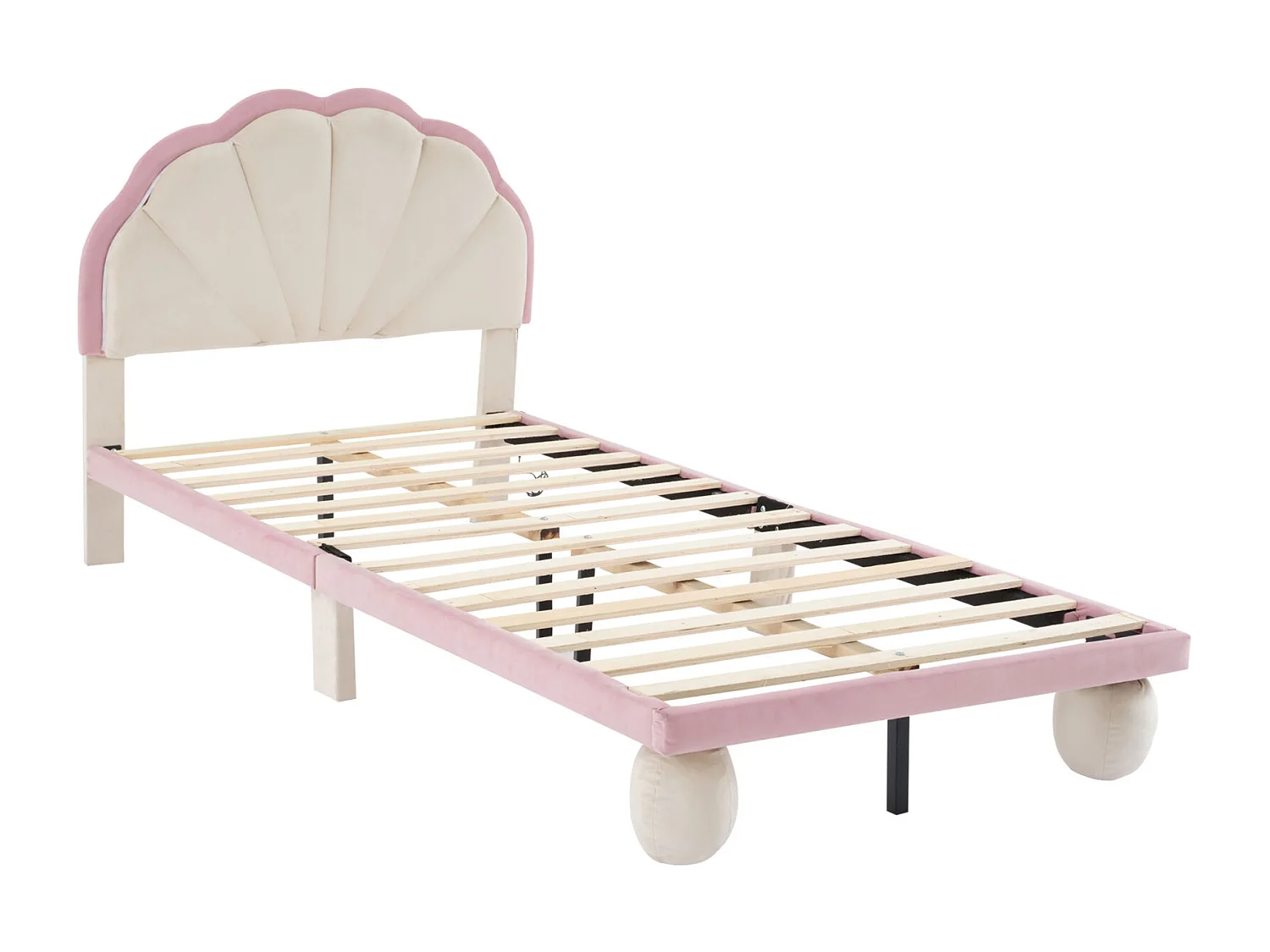 Lit rembourré, LED multicolore, tête de lit festonnée, pieds rembourrés, velours, beige+rose, 90x200cm