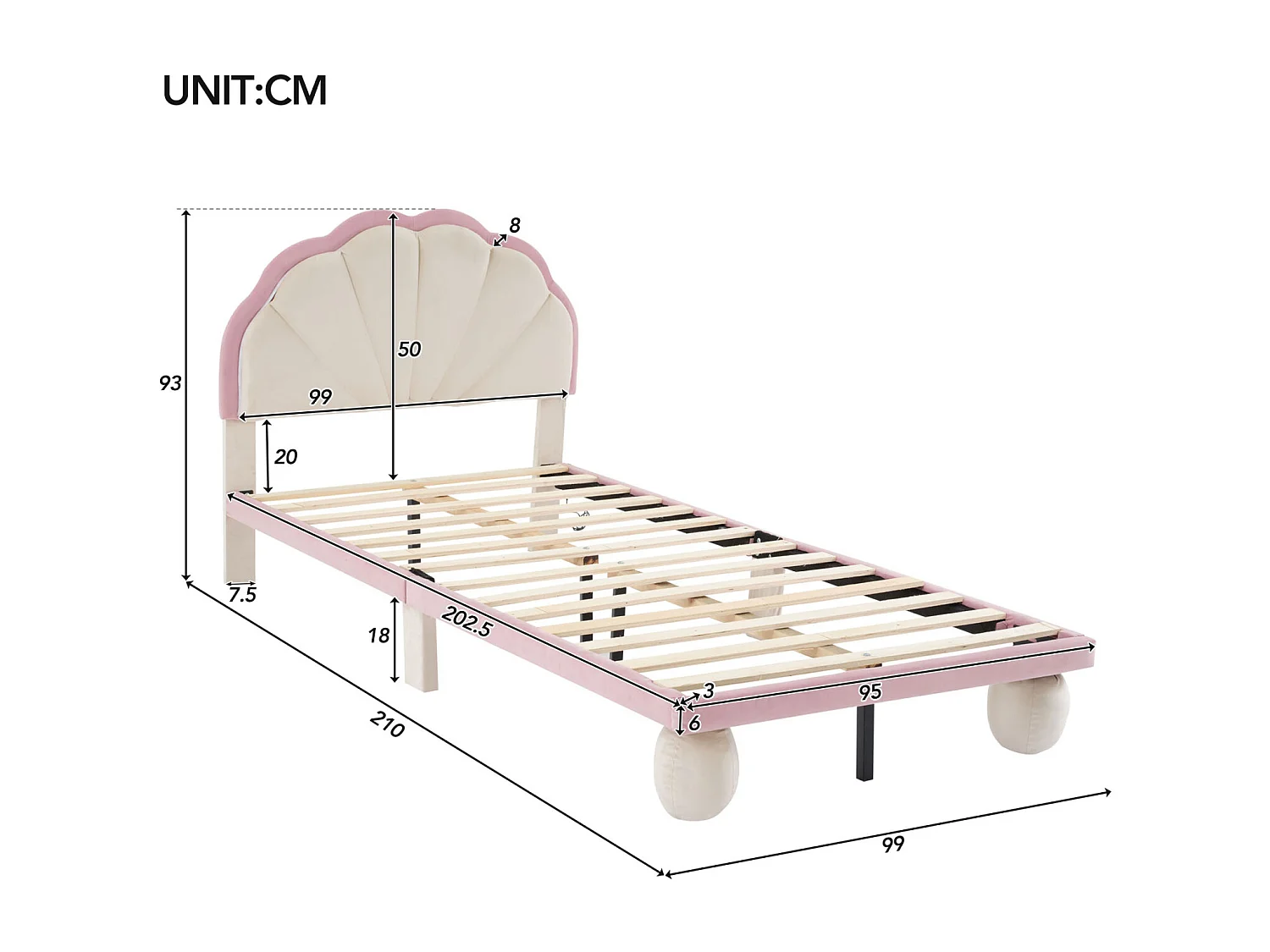 Lit rembourré, LED multicolore, tête de lit festonnée, pieds rembourrés, velours, beige+rose, 90x200cm