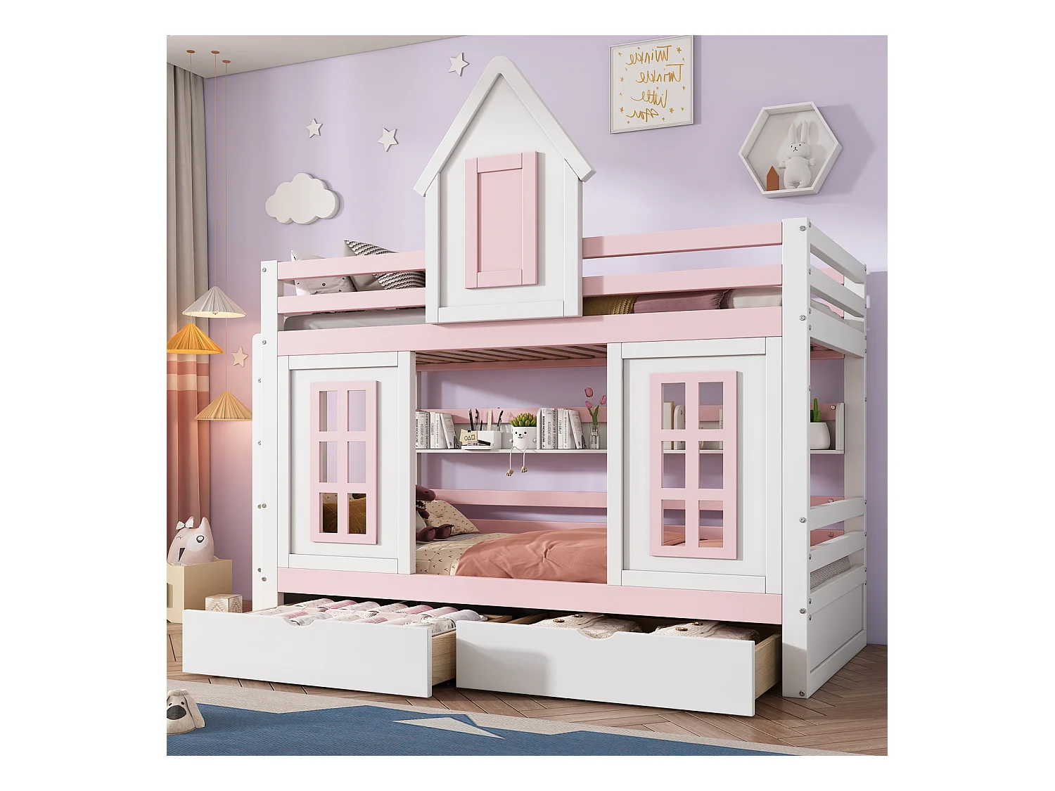 Lit superposé princesse pour enfant, toit, fenêtre, porte de sécurité, garde-corps, 2 tiroirs avec roulettes, étagère, rangement, pin + MDF, blanc + rose