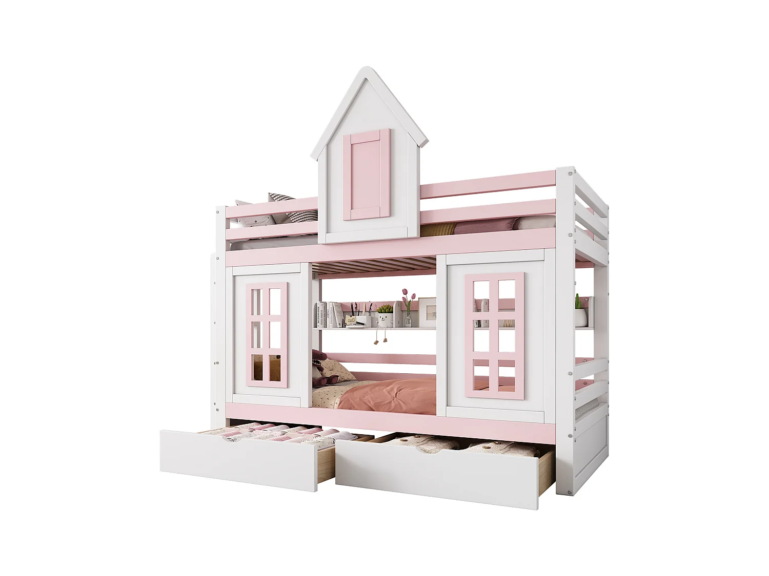 Lit superposé princesse pour enfant, toit, fenêtre, porte de sécurité, garde-corps, 2 tiroirs avec roulettes, étagère, rangement, pin + MDF, blanc + rose