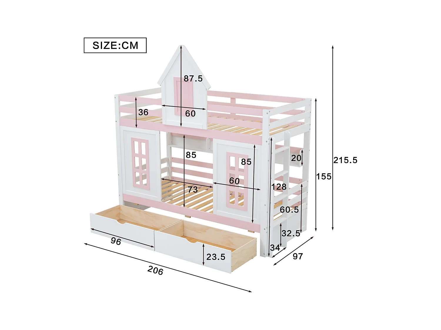 Lit superposé princesse pour enfant, toit, fenêtre, porte de sécurité, garde-corps, 2 tiroirs avec roulettes, étagère, rangement, pin + MDF, blanc + rose