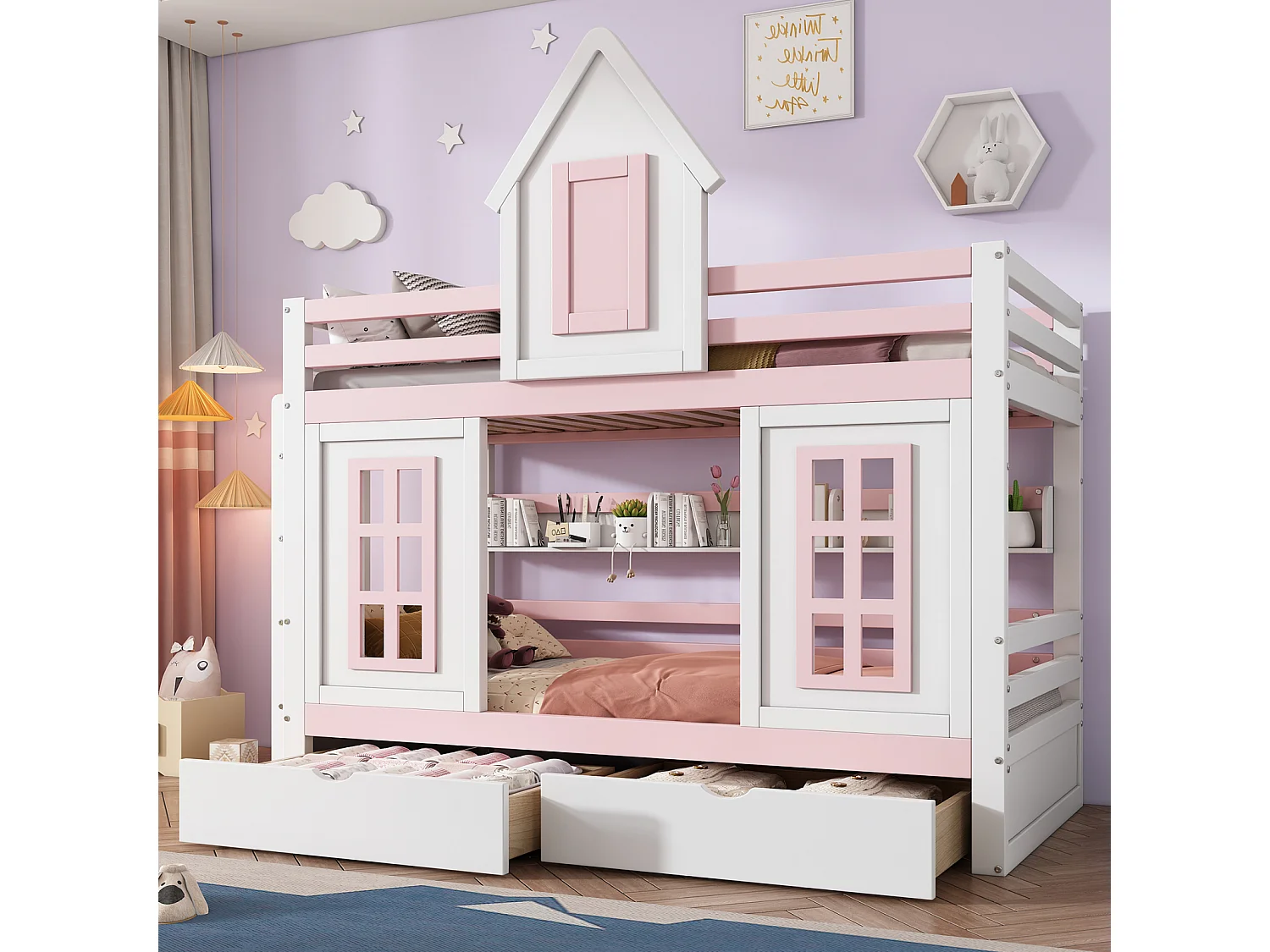 Lit superposé princesse pour enfant, toit, fenêtre, porte de sécurité, garde-corps, 2 tiroirs avec roulettes, étagère, rangement, pin + MDF, blanc + rose