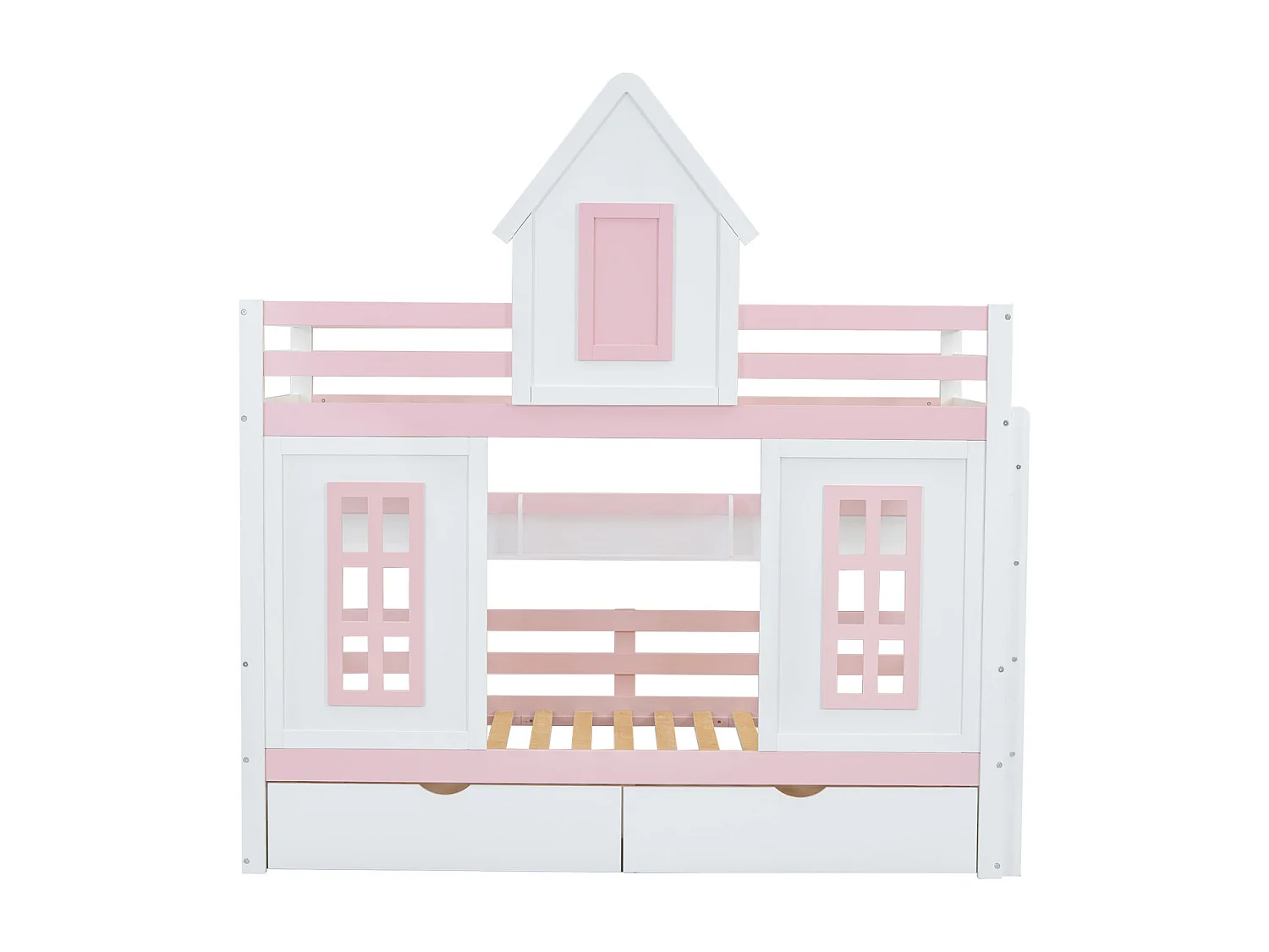 Lit superposé princesse pour enfant, toit, fenêtre, porte de sécurité, garde-corps, 2 tiroirs avec roulettes, étagère, rangement, pin + MDF, blanc + rose
