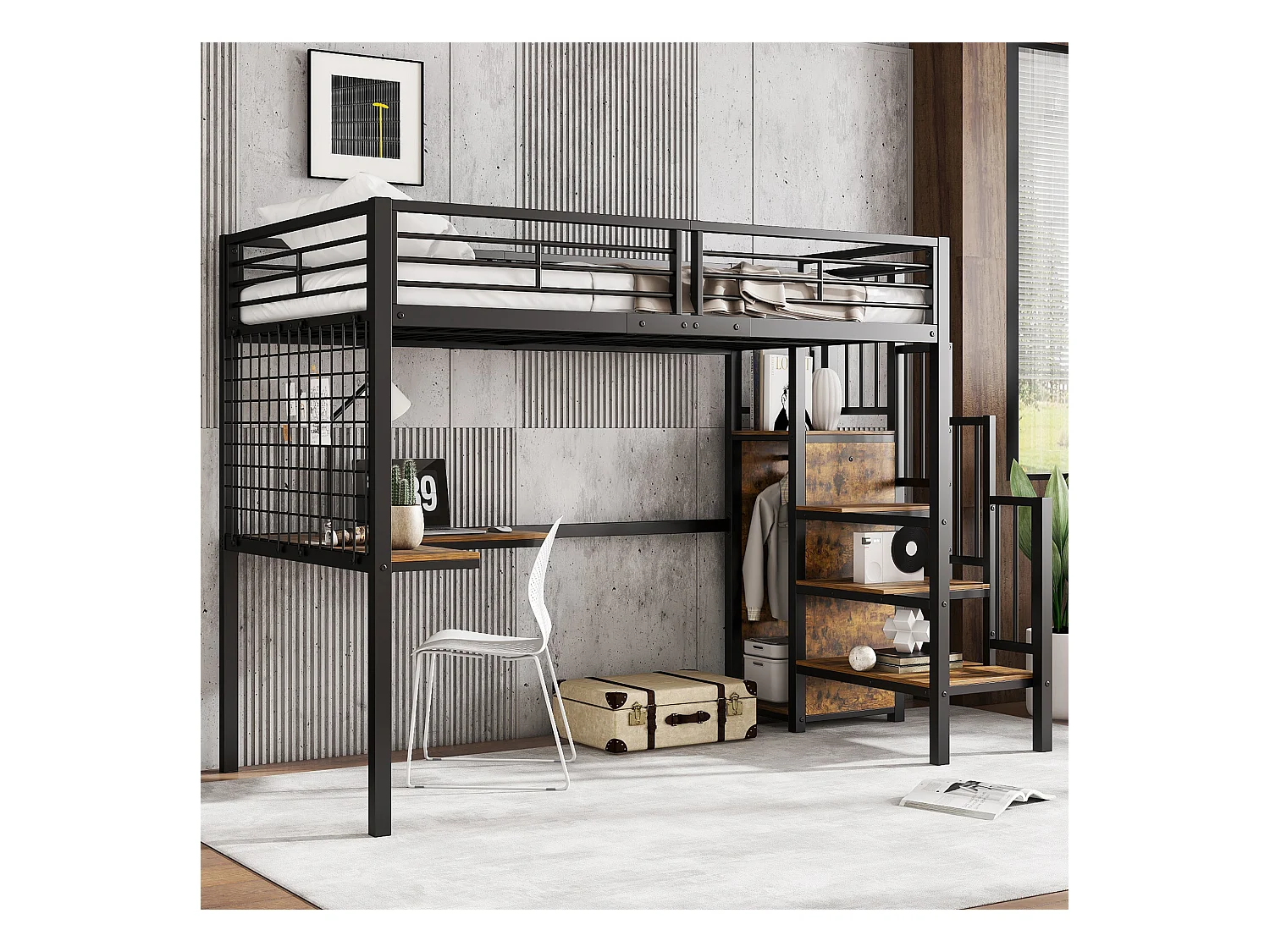 Letto in ferro, letto a castello, letto alto, bambini/ragazzi, tavolo, armadio, scala laterale (corrimano), ferro+truciolato, nero+legno scuro, 90x200cm