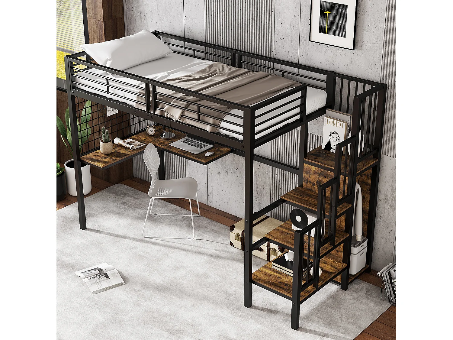 Letto in ferro, letto a castello, letto alto, bambini/ragazzi, tavolo, armadio, scala laterale (corrimano), ferro+truciolato, nero+legno scuro, 90x200cm