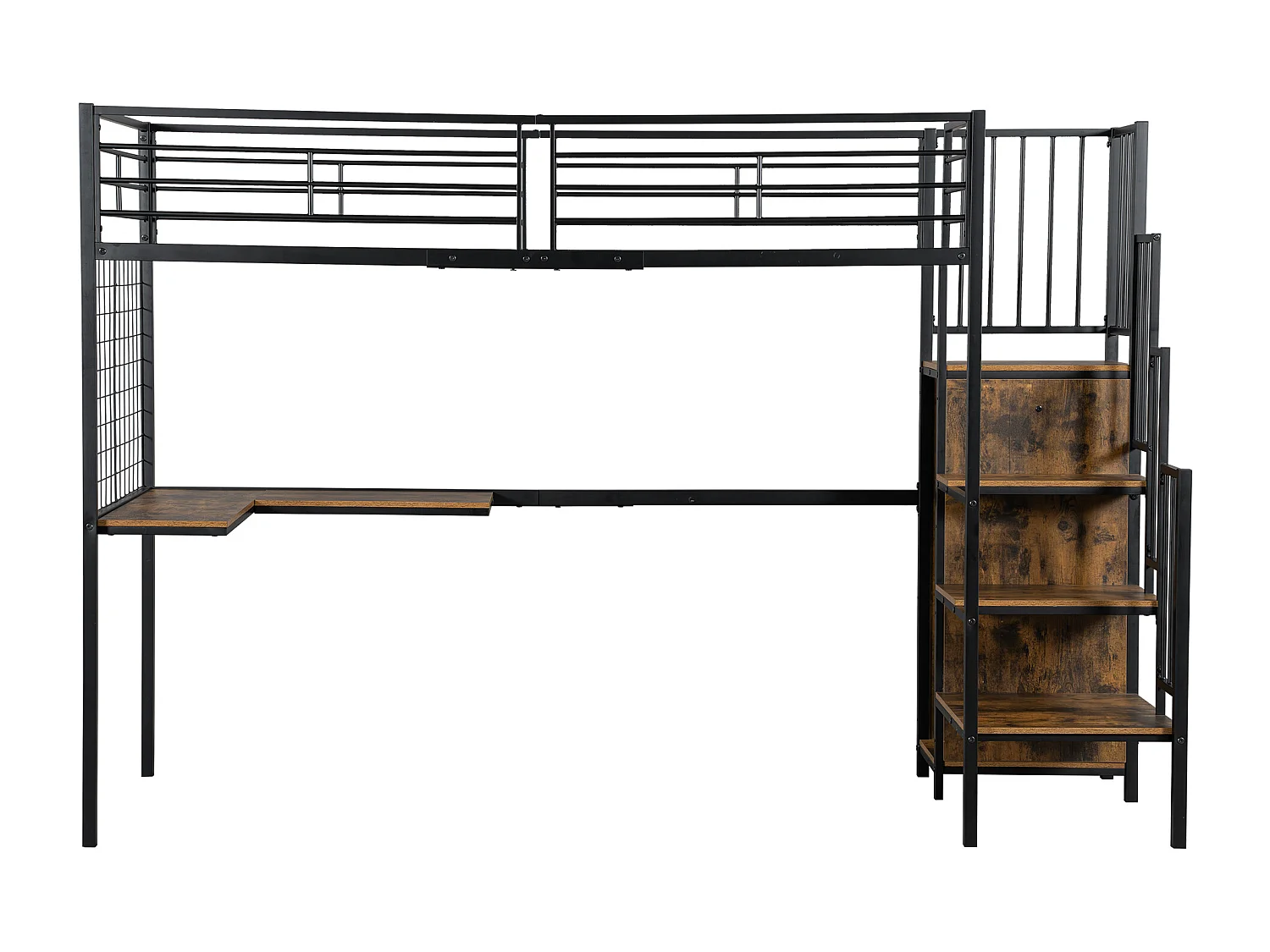 Letto in ferro, letto a castello, letto alto, bambini/ragazzi, tavolo, armadio, scala laterale (corrimano), ferro+truciolato, nero+legno scuro, 90x200cm