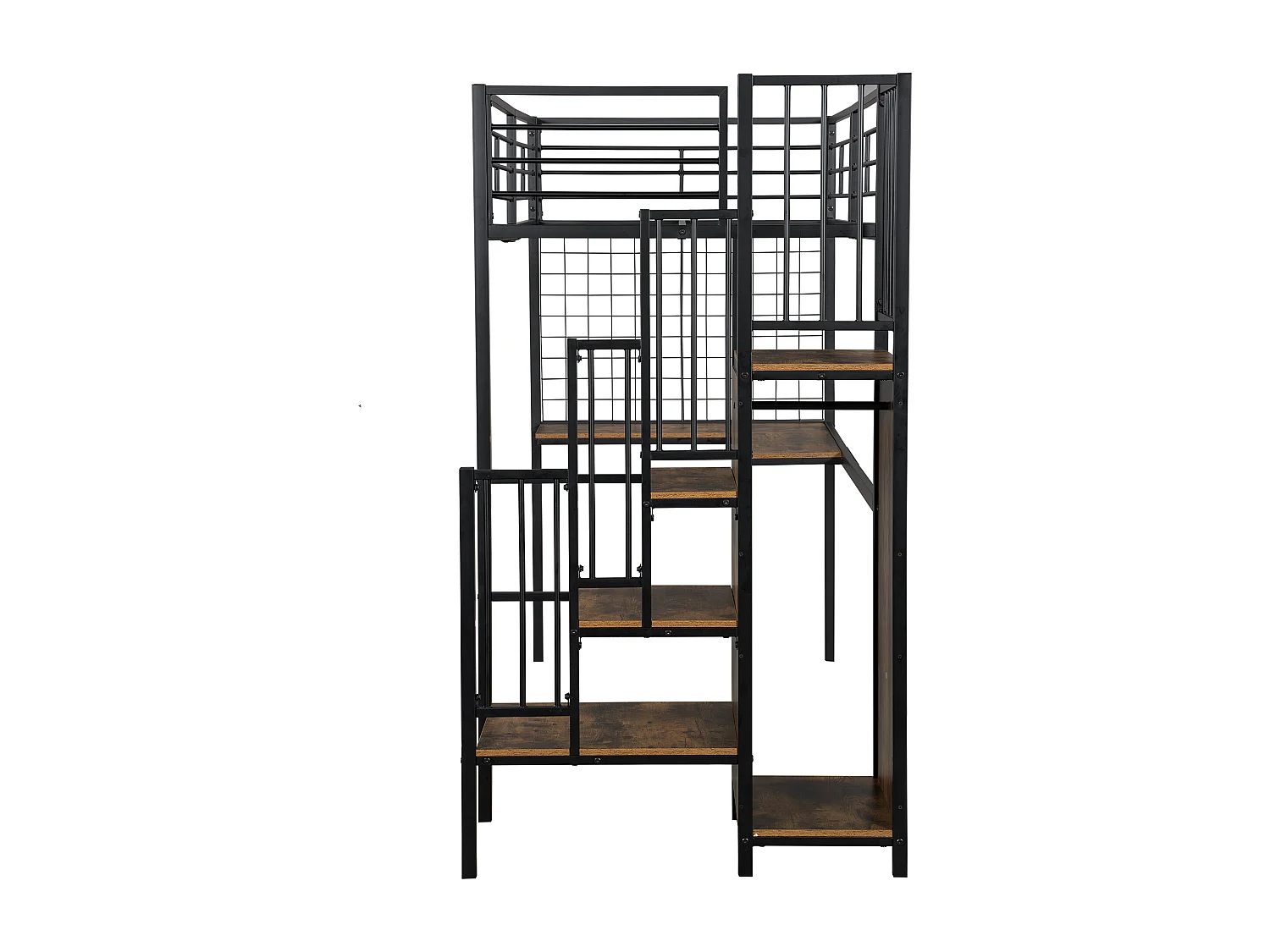 Letto in ferro, letto a castello, letto alto, bambini/ragazzi, tavolo, armadio, scala laterale (corrimano), ferro+truciolato, nero+legno scuro, 90x200cm