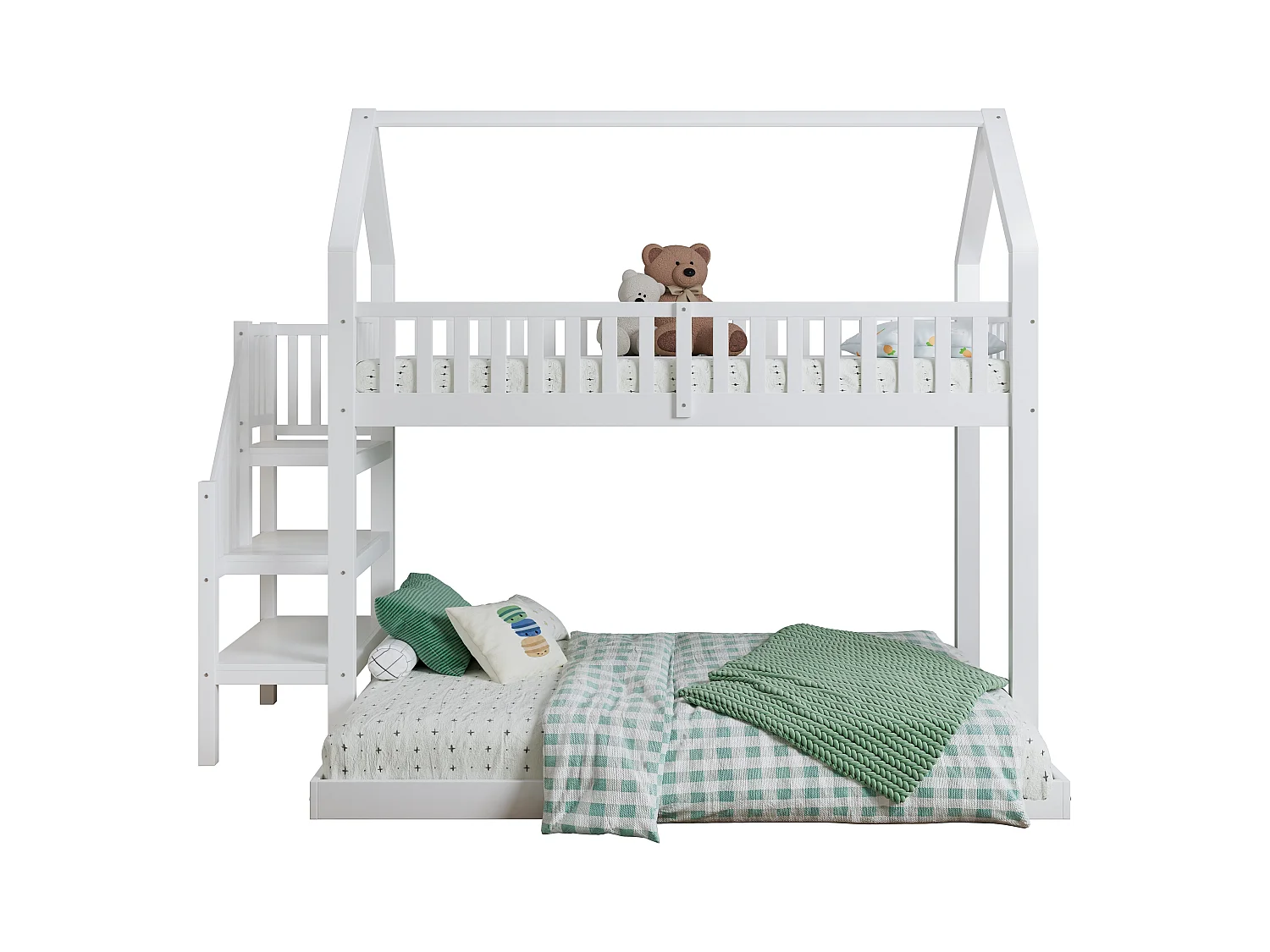 Letto a castello, letto a castello con scaletta, letto per bambini con protezione anticaduta e ringhiere, struttura in pino, bianco (90 x 200 e 140 x 190 cm)