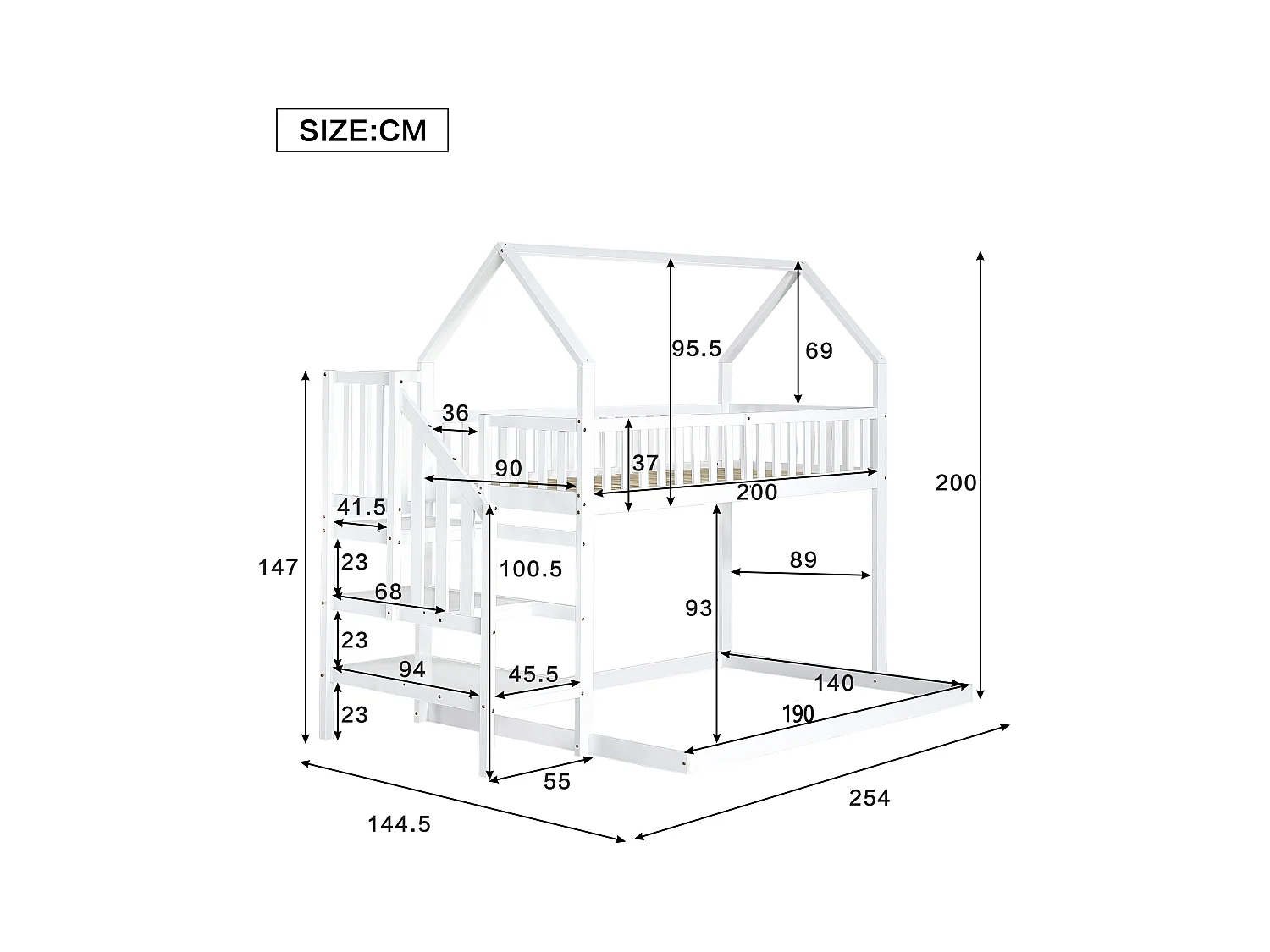Letto a castello, letto a castello con scaletta, letto per bambini con protezione anticaduta e ringhiere, struttura in pino, bianco (90 x 200 e 140 x 190 cm)