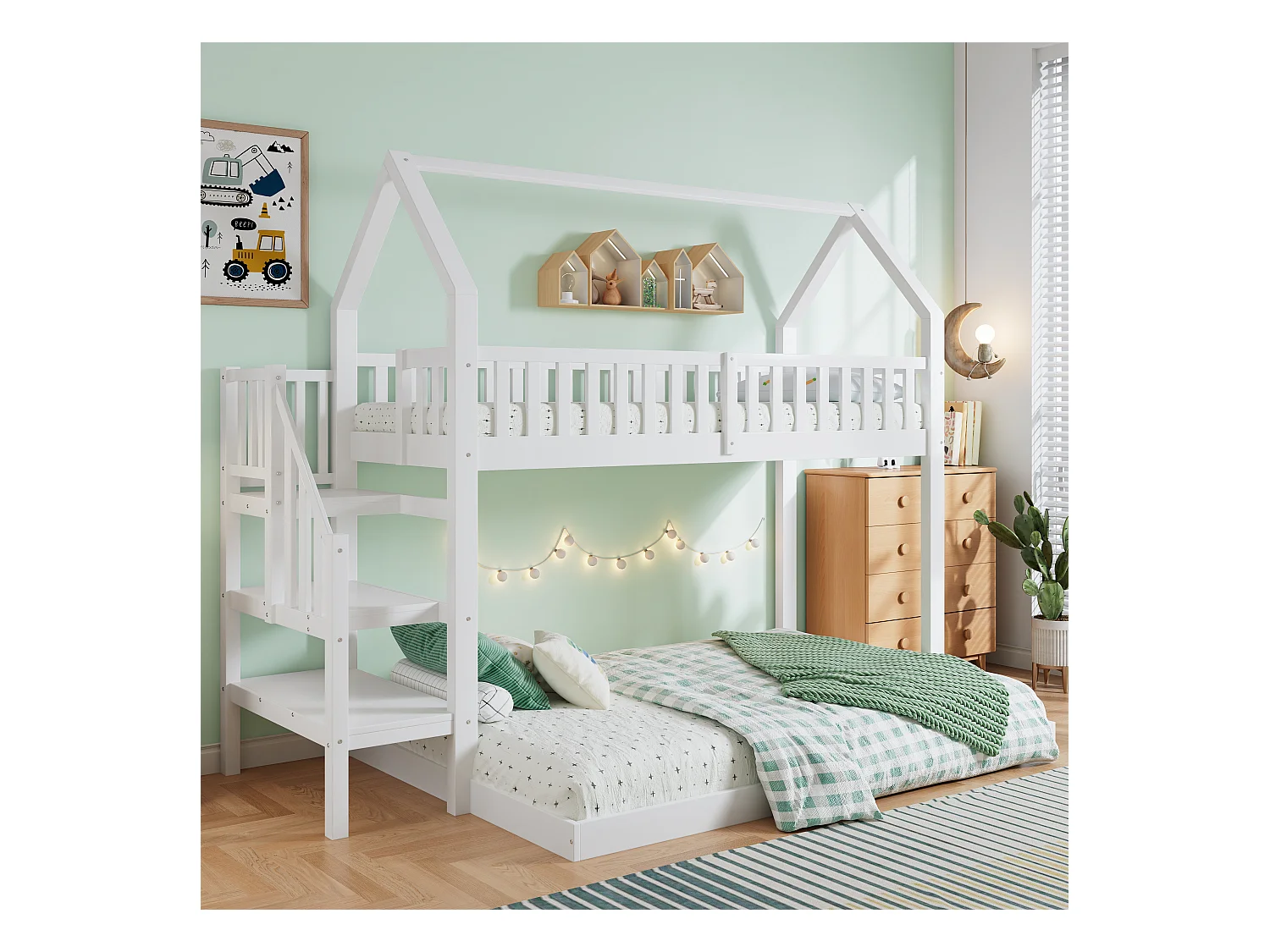 Letto a castello, letto a castello con scaletta, letto per bambini con protezione anticaduta e ringhiere, struttura in pino, bianco (90 x 200 e 140 x 190 cm)