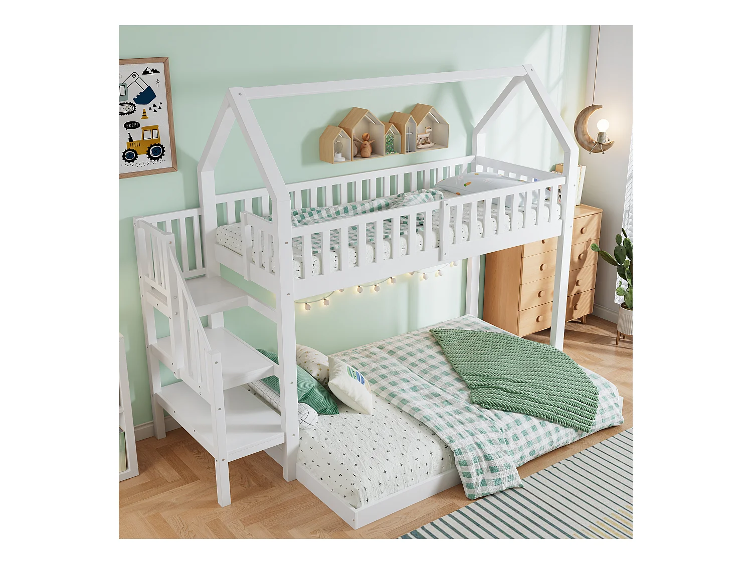Letto a castello, letto a castello con scaletta, letto per bambini con protezione anticaduta e ringhiere, struttura in pino, bianco (90 x 200 e 140 x 190 cm)
