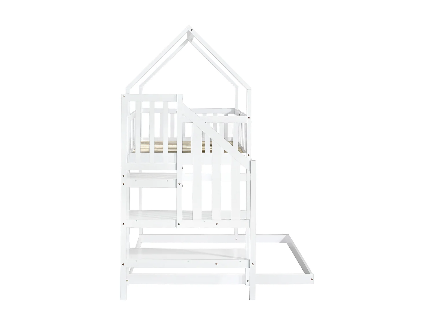 Letto a castello, letto a castello con scaletta, letto per bambini con protezione anticaduta e ringhiere, struttura in pino, bianco (90 x 200 e 140 x 190 cm)