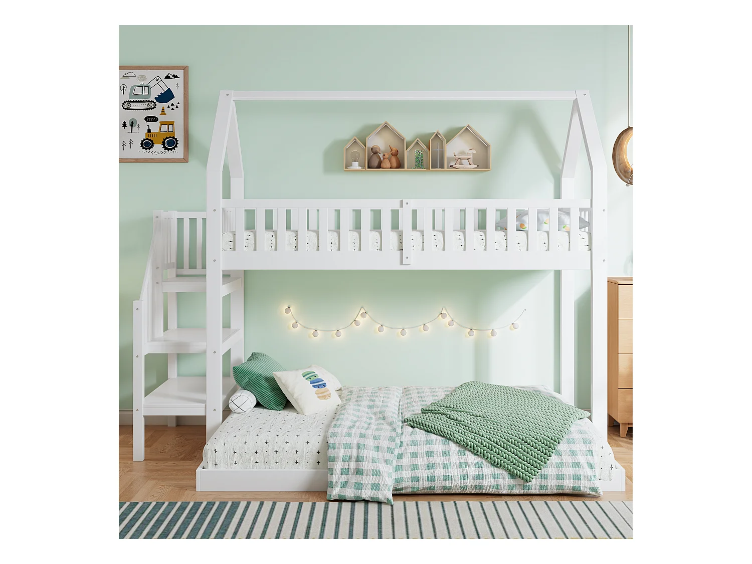 Lit superposé, lit cabane avec échelle, lit enfant avec protection antichute et barrières, cadre en pin, blanc (90 x 200 et 140 x 190 cm)