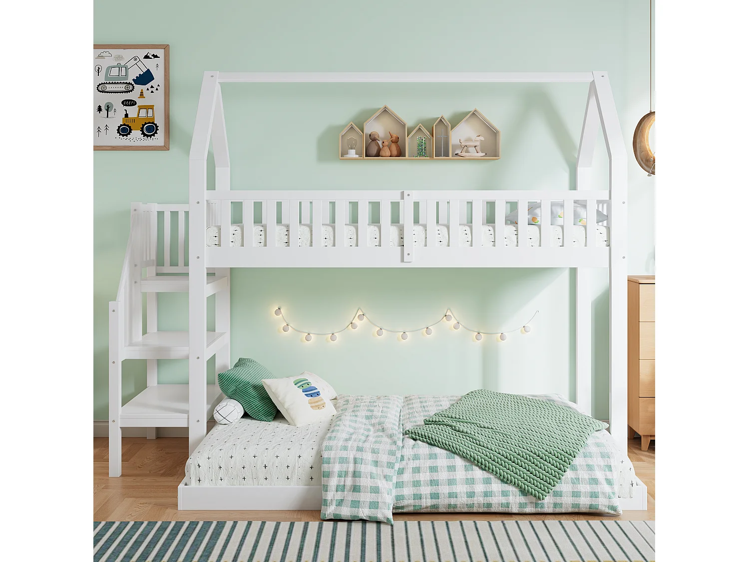 Letto a castello, letto a castello con scaletta, letto per bambini con protezione anticaduta e ringhiere, struttura in pino, bianco (90 x 200 e 140 x 190 cm)