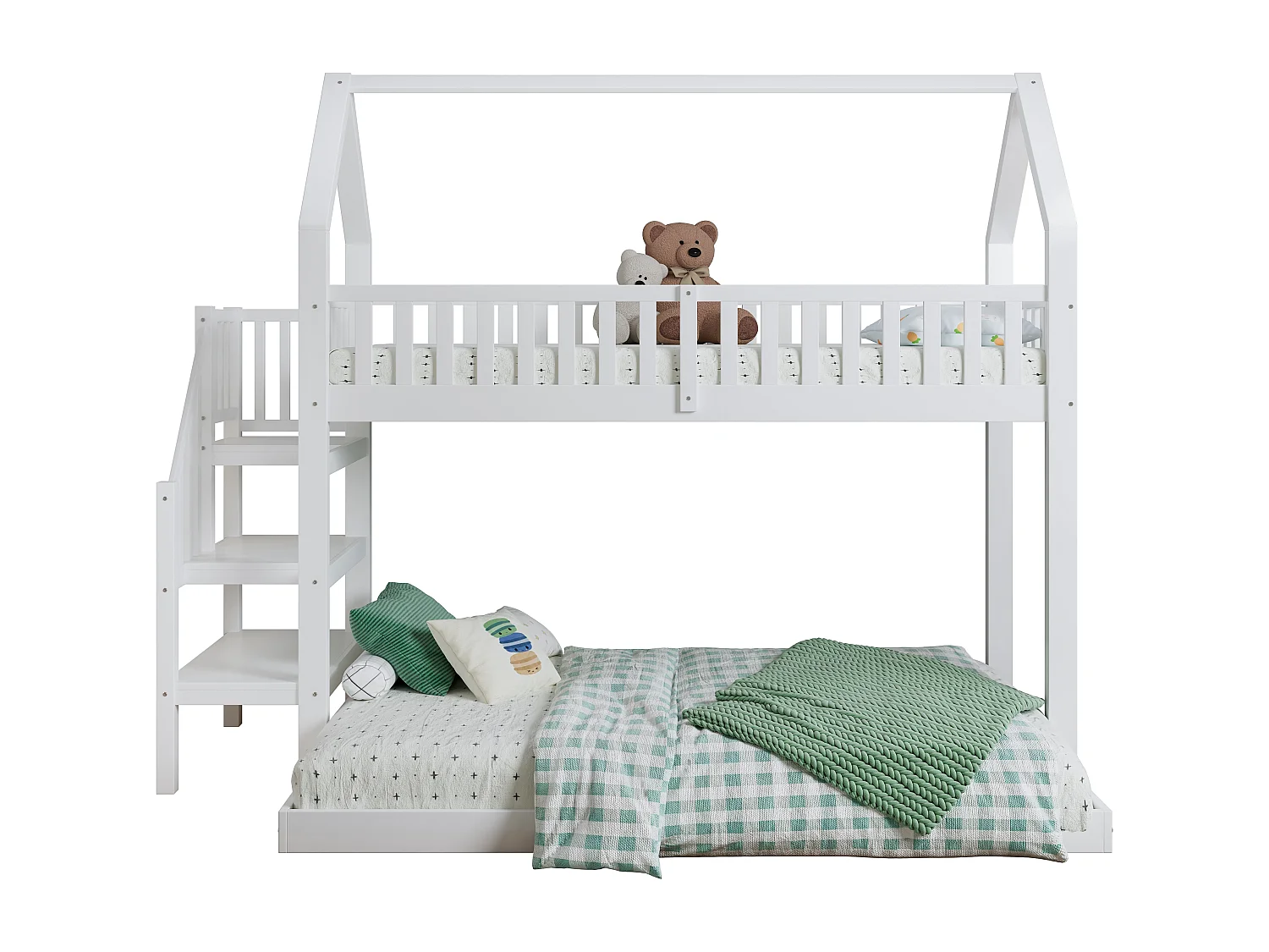 Letto a castello, letto a castello con scaletta, letto per bambini con protezione anticaduta e ringhiere, struttura in pino, bianco (90 x 200 e 140 x 190 cm)