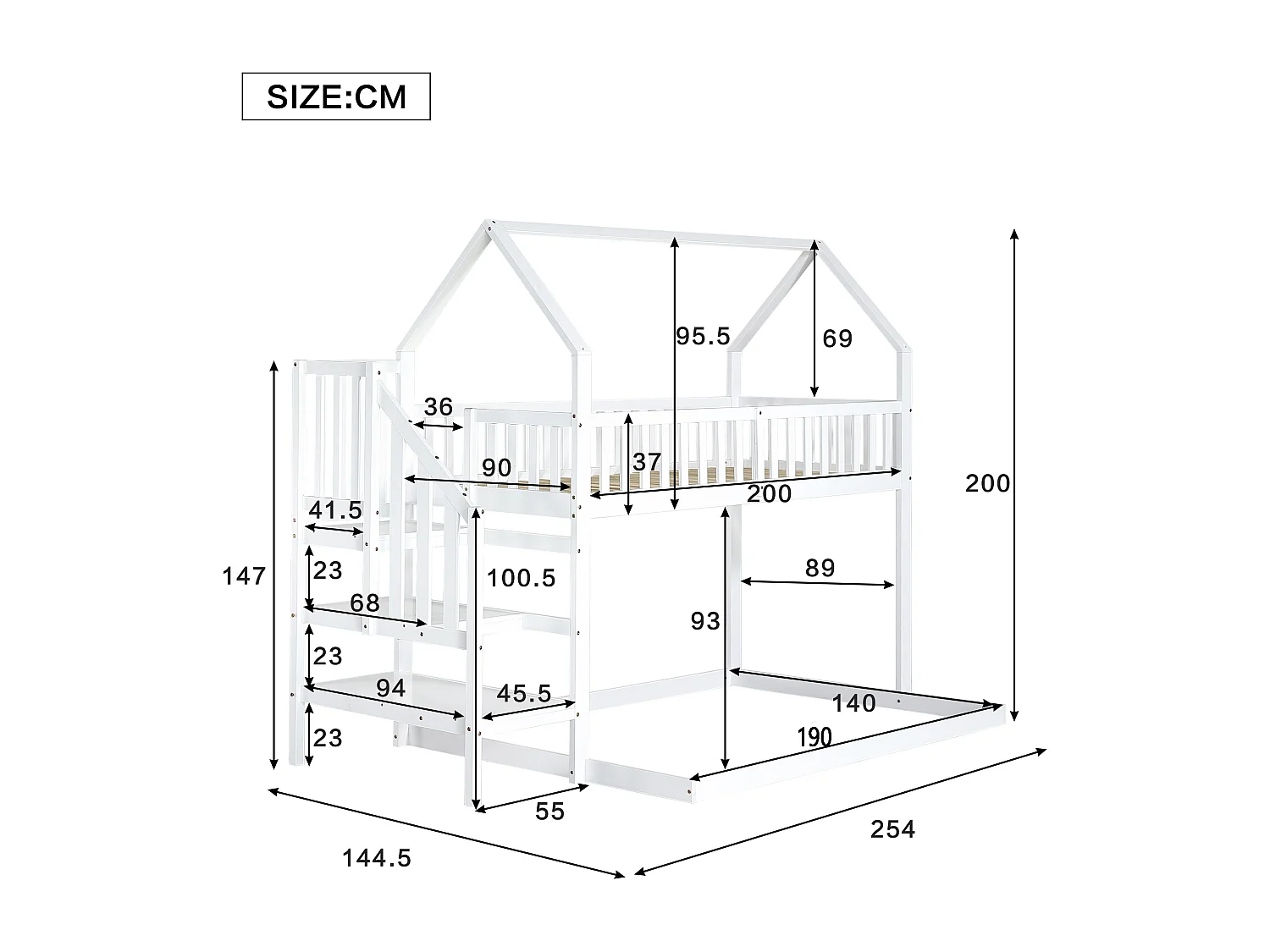 Letto a castello, letto a castello con scaletta, letto per bambini con protezione anticaduta e ringhiere, struttura in pino, bianco (90 x 200 e 140 x 190 cm)