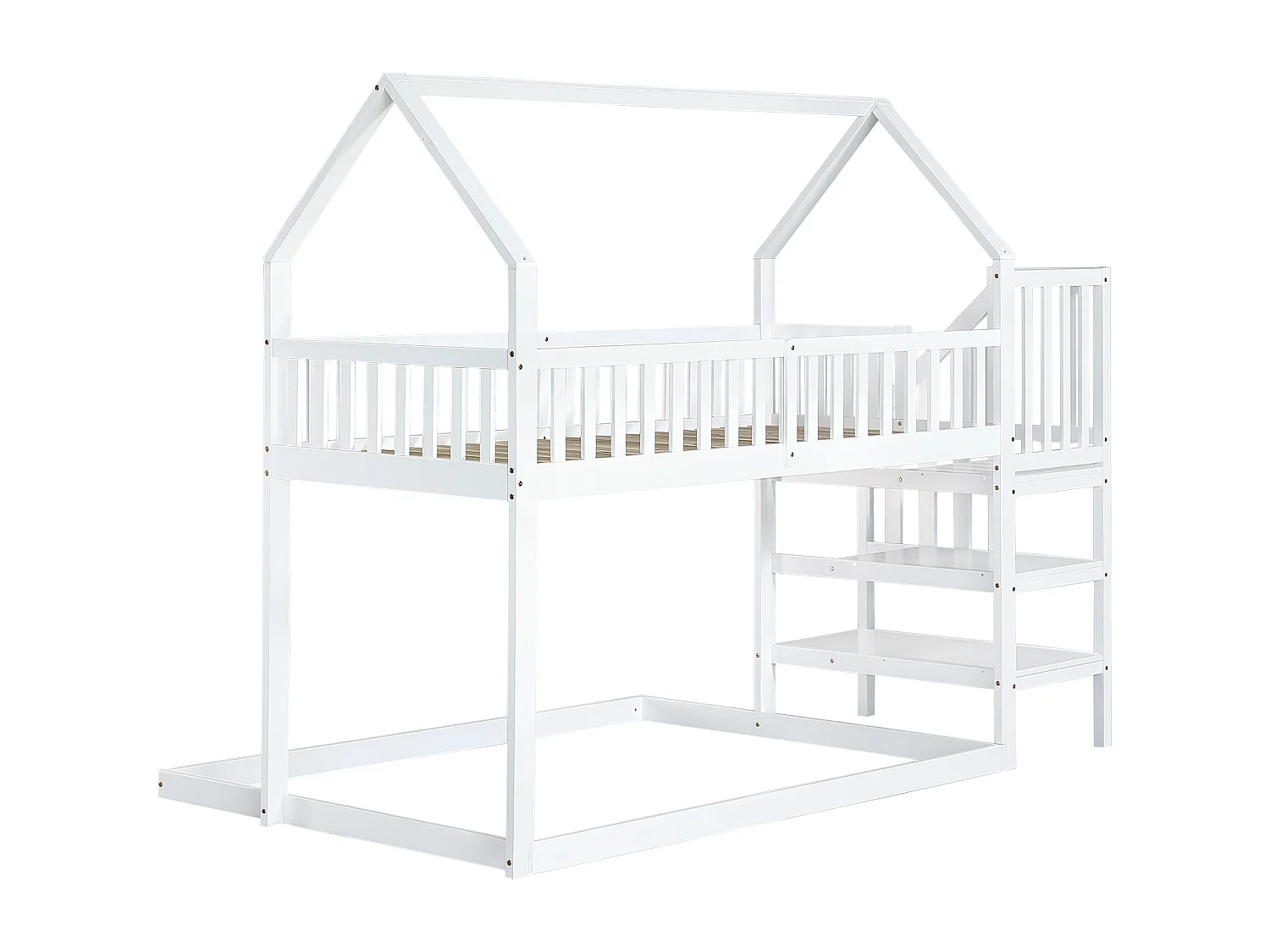 Letto a castello, letto a castello con scaletta, letto per bambini con protezione anticaduta e ringhiere, struttura in pino, bianco (90 x 200 e 140 x 190 cm)