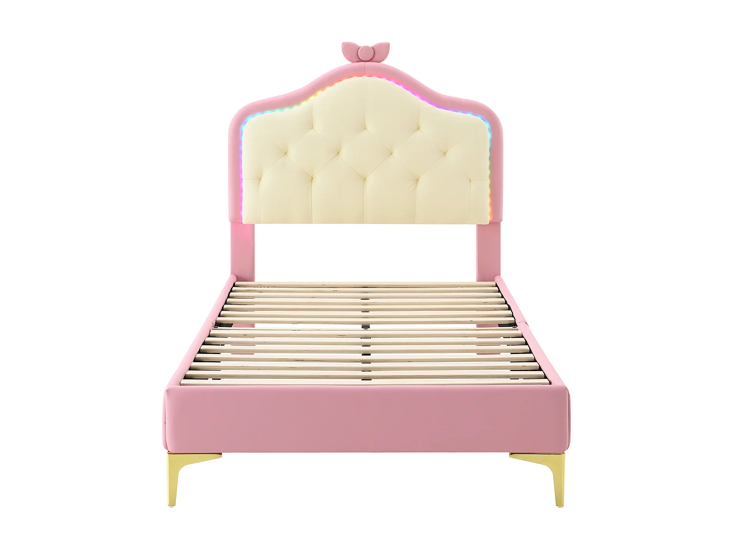 Gestoffeerd eenpersoonsbed, golfvorm, handgreep, roze strik, multi-color LED, PU, roze, 90x200cm