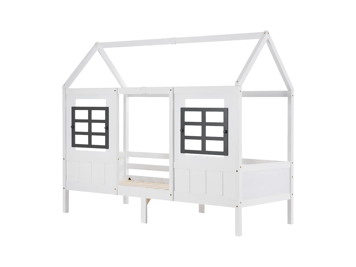 Lit cabane, lit simple, canapé-lit, lit enfant avec 2 fenêtres, cadre en pin, MDF, blanc (200x90cm)