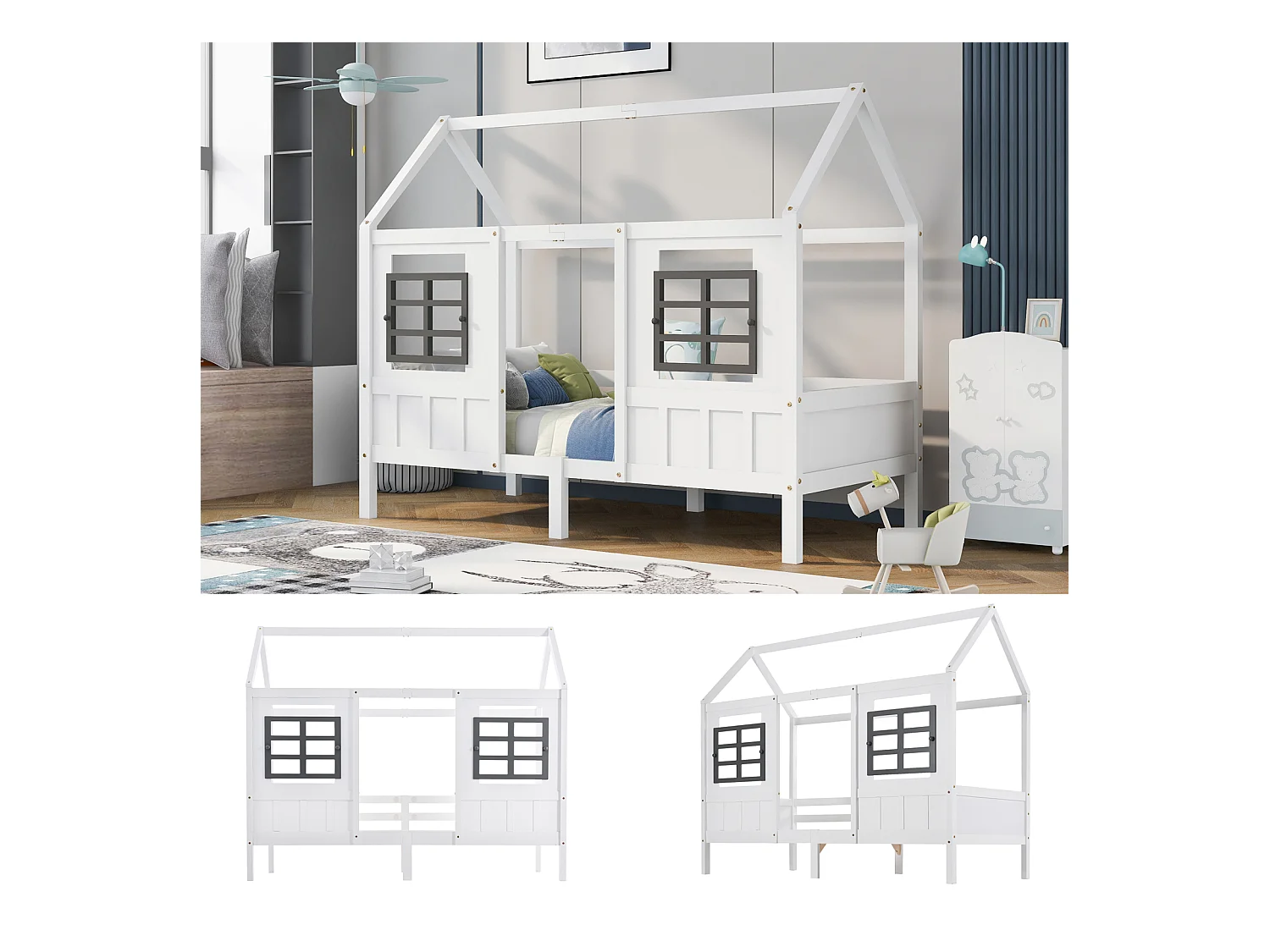 Lit cabane, lit simple, canapé-lit, lit enfant avec 2 fenêtres, cadre en pin, MDF, blanc (200x90cm)