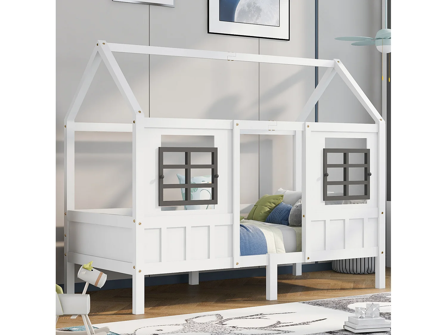 Lit cabane, lit simple, canapé-lit, lit enfant avec 2 fenêtres, cadre en pin, MDF, blanc (200x90cm)