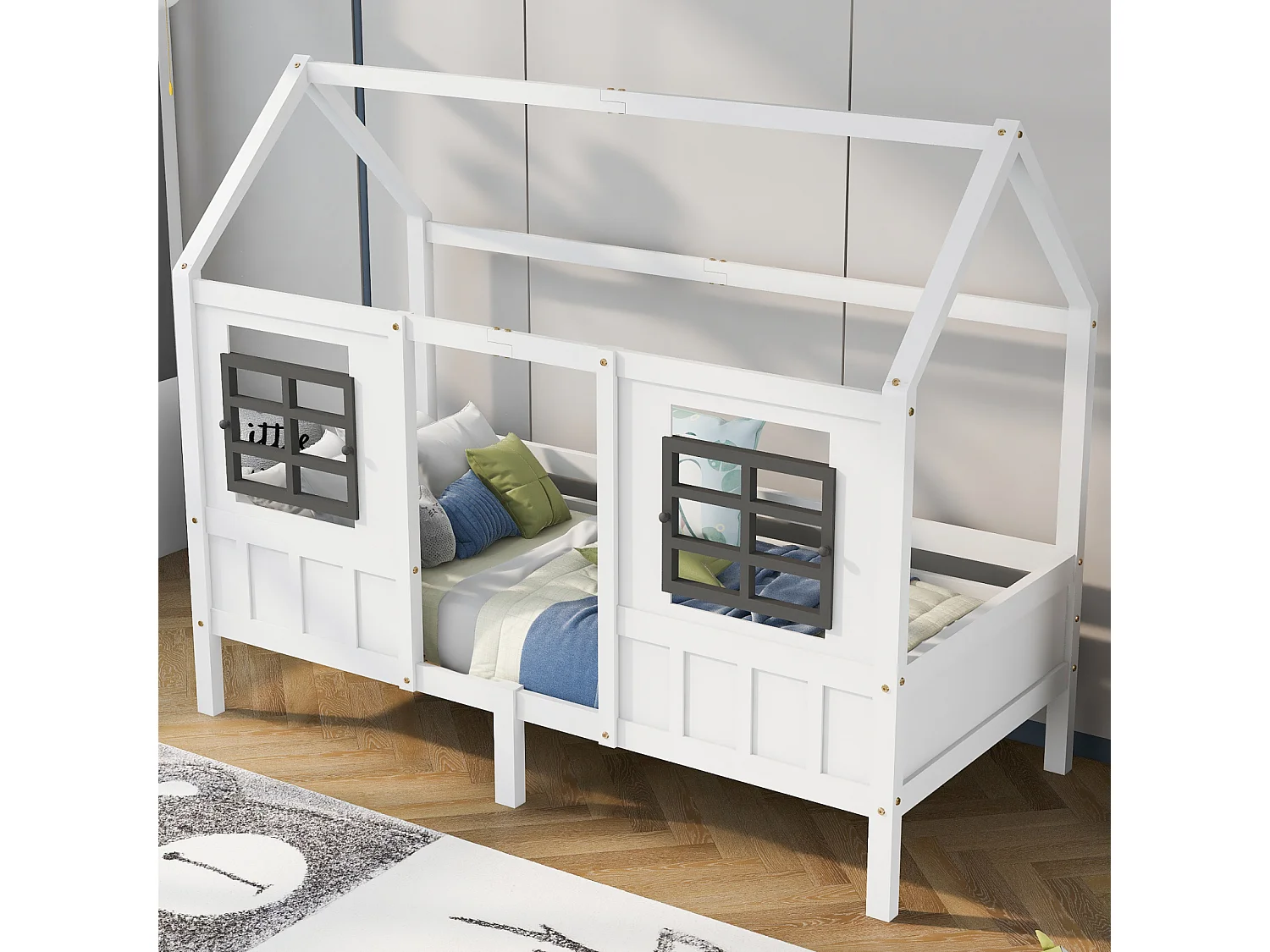 Lit cabane, lit simple, canapé-lit, lit enfant avec 2 fenêtres, cadre en pin, MDF, blanc (200x90cm)