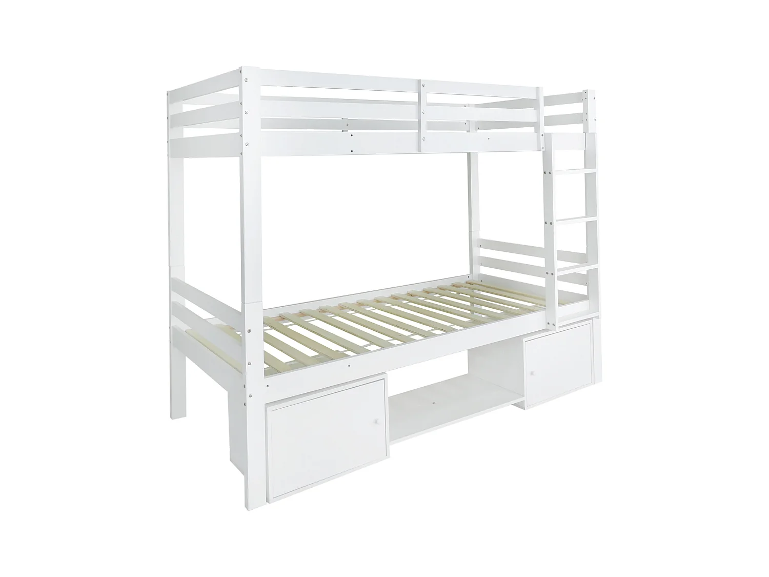 Lit superposé pour enfant, lit enfant avec étagères à chaussures et casiers, lit divisé en 2 lits simples, lit jeune, lit simple, blanc, 90x200cm.