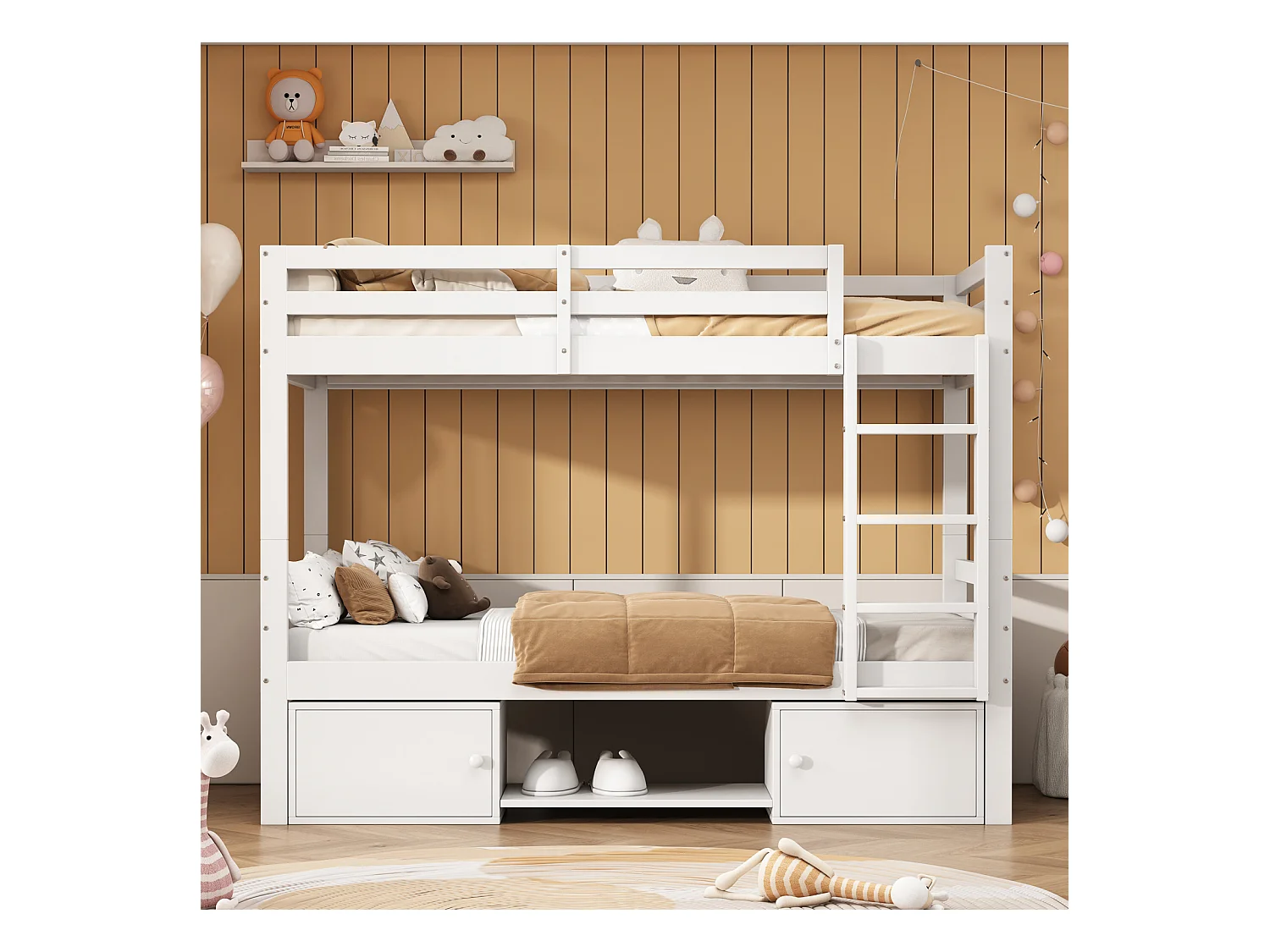 Lit superposé pour enfant, lit enfant avec étagères à chaussures et casiers, lit divisé en 2 lits simples, lit jeune, lit simple, blanc, 90x200cm.