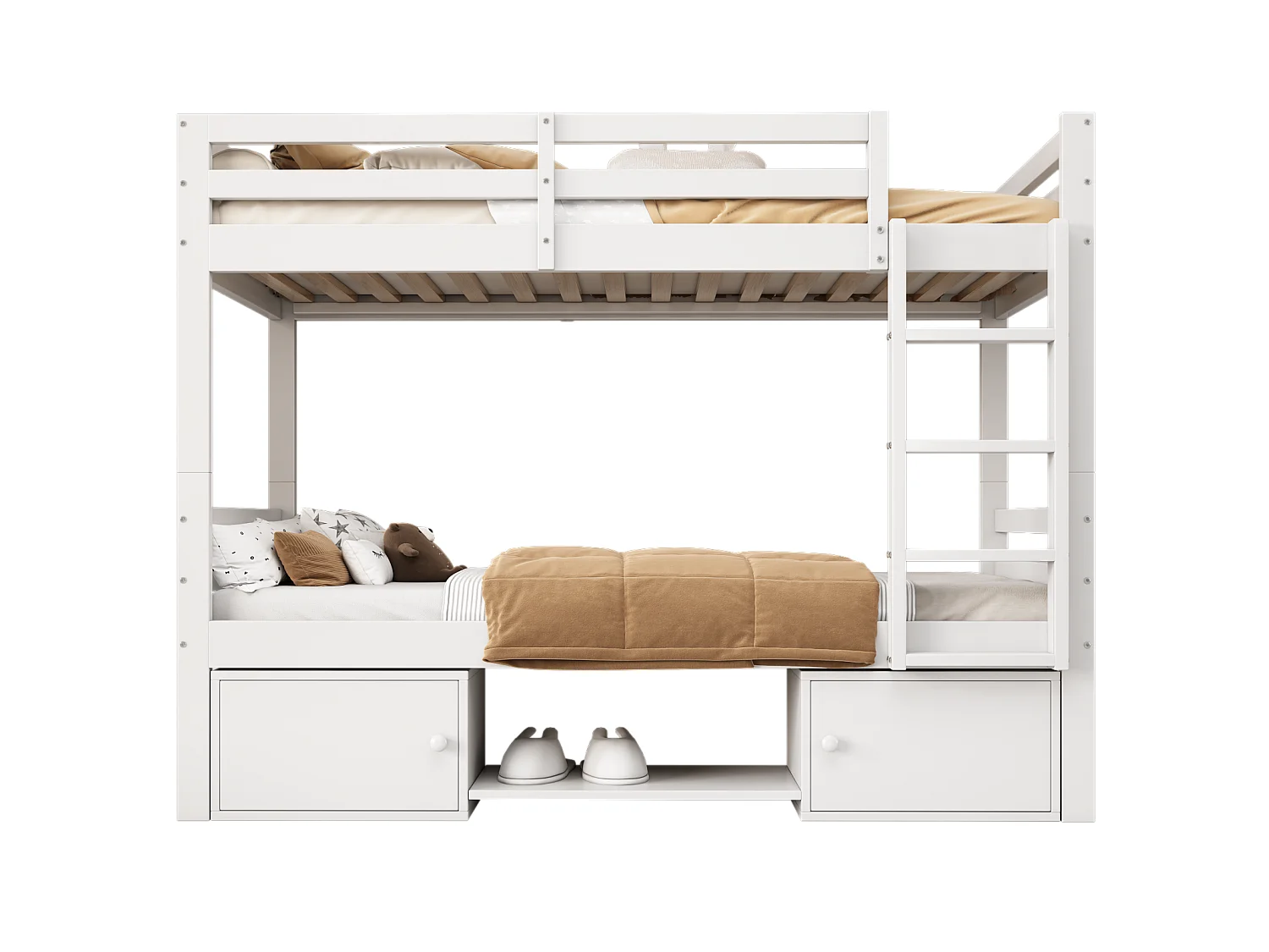 Lit superposé pour enfant, lit enfant avec étagères à chaussures et casiers, lit divisé en 2 lits simples, lit jeune, lit simple, blanc, 90x200cm.